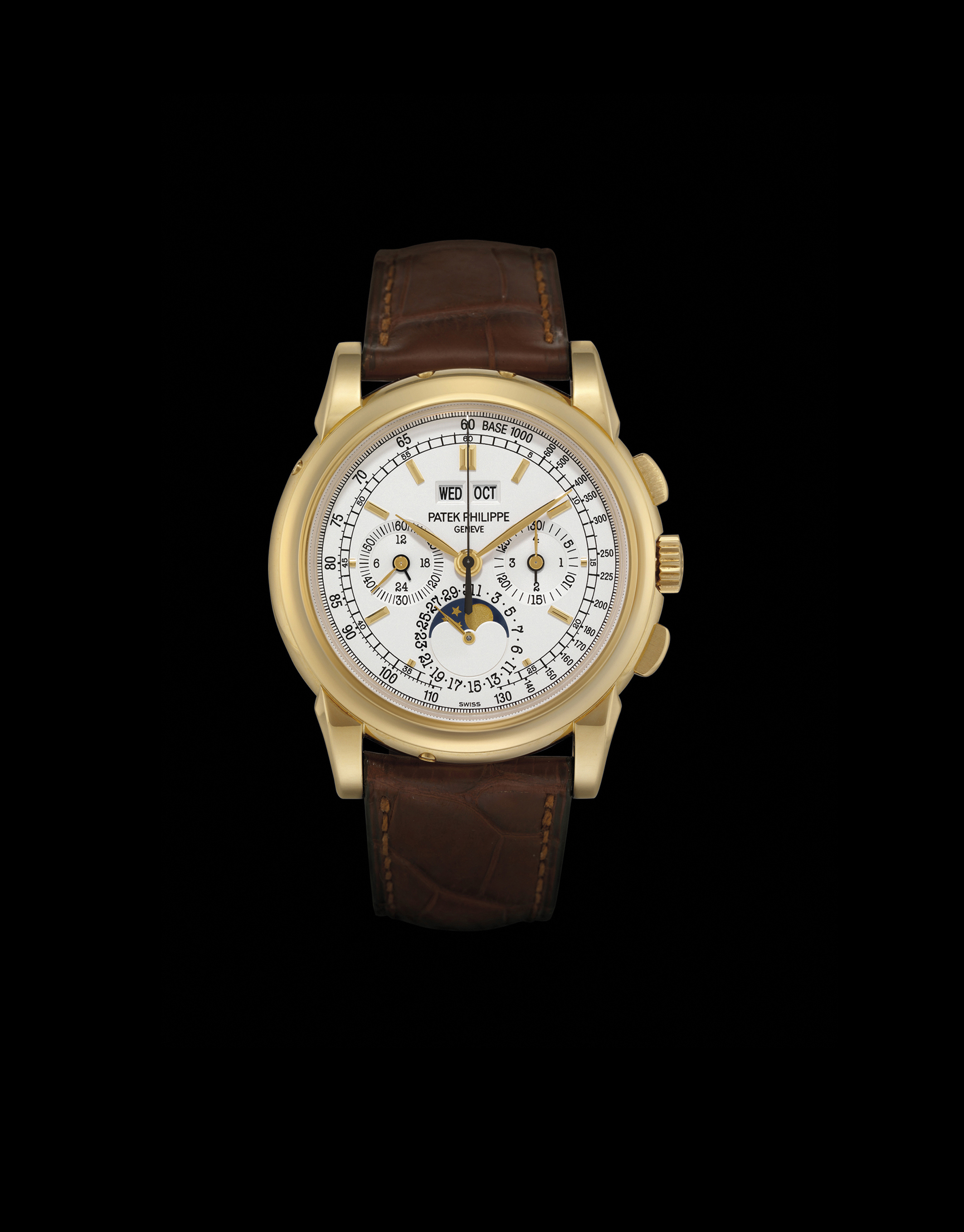 PATEK PHILIPPE. A FINE AND RARE 18K GOLD PERPETUAL CALENDAR CHRONOGRAPH