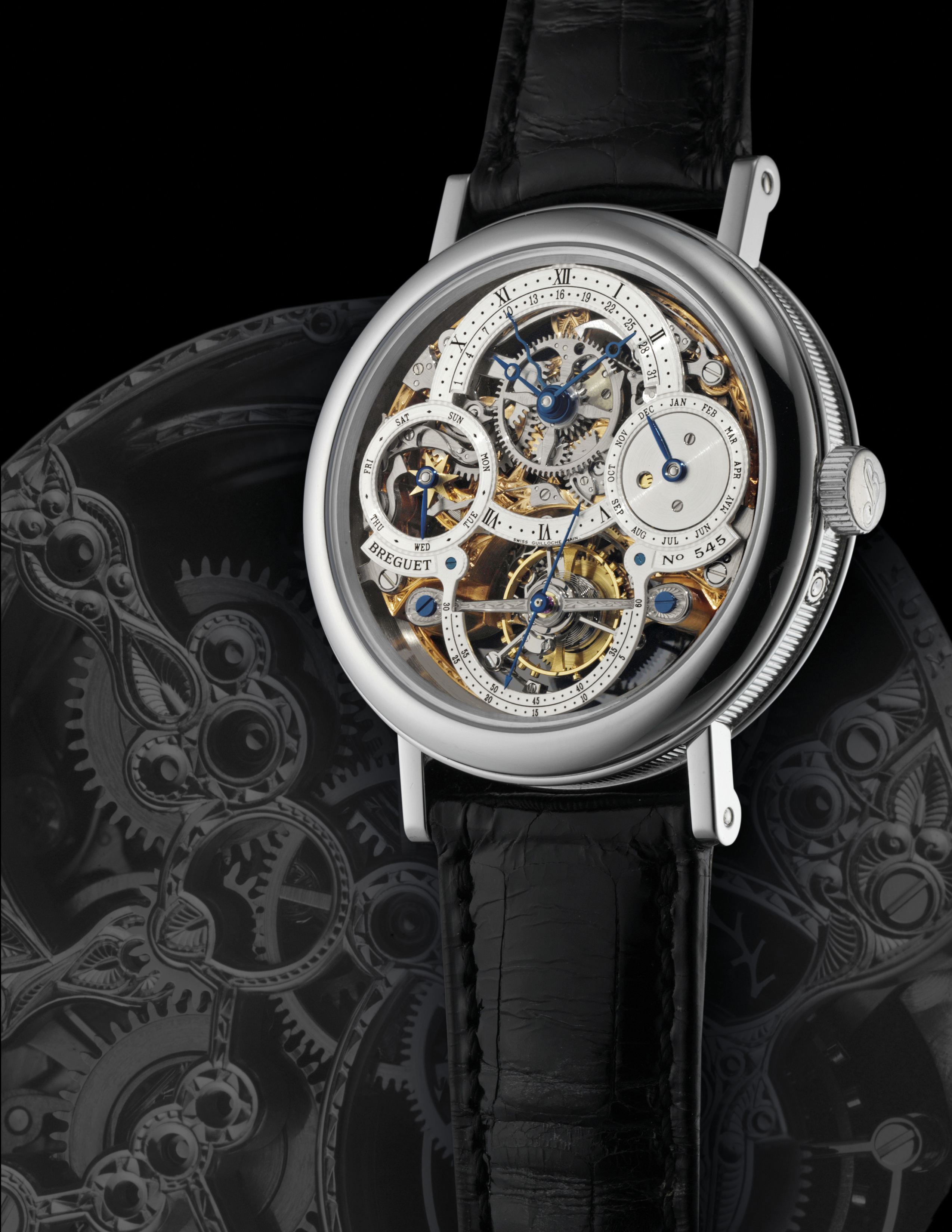 BREGUET. A FINE AND RARE PLATINUM SKELETONIZED PERPETUAL CALENDAR