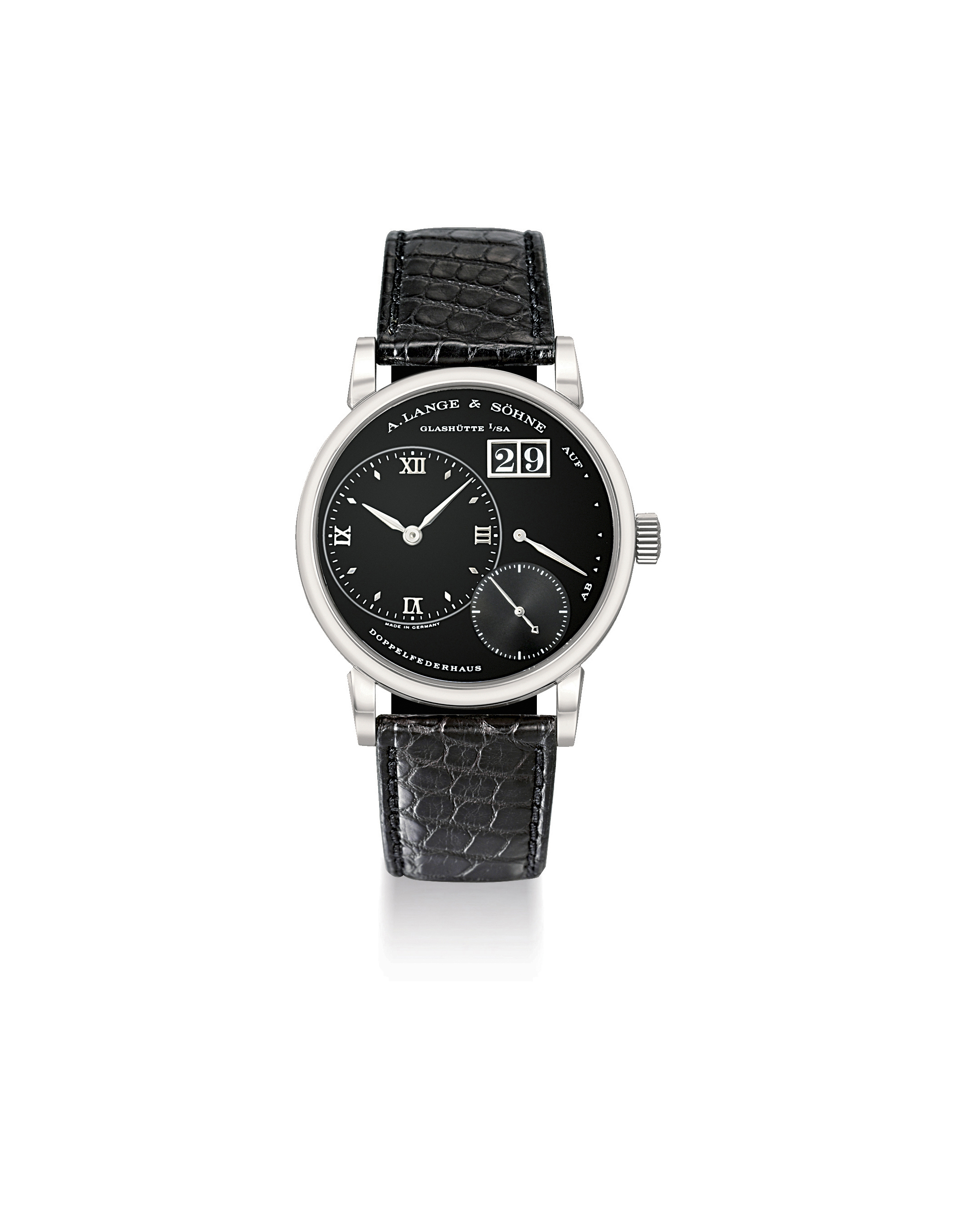 A. LANGE & SÖHNE. A FINE PLATINUM TWIN BARREL WRISTWATCH WITH BIG DATE