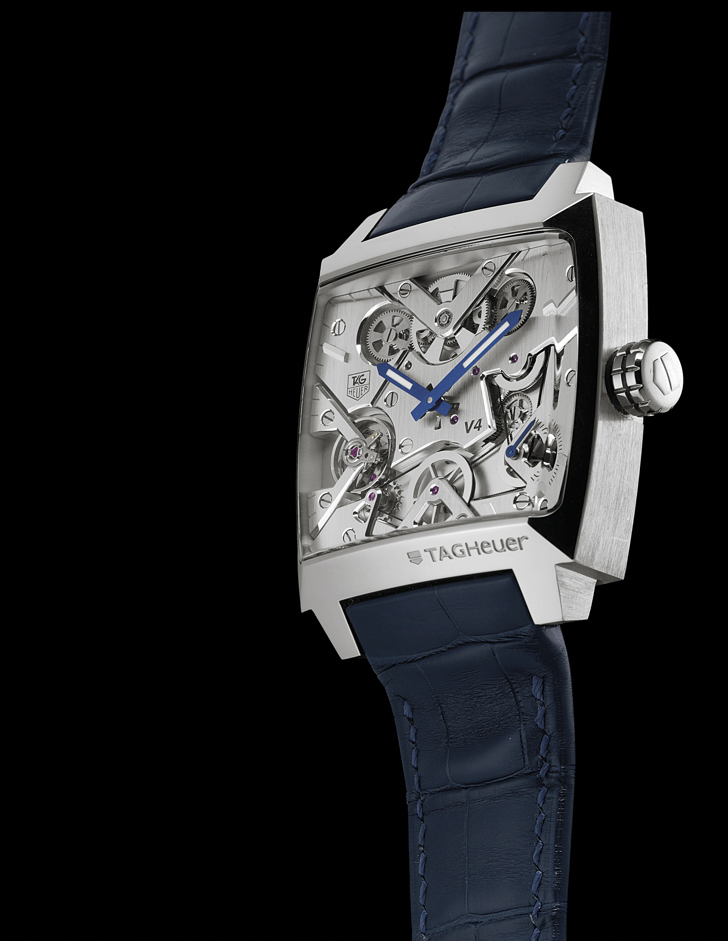 TAG HEUER. A FINE AND RARE PLATINUM LIMITED EDITION AUTOMATIC SKELETONIZED WRISTWATCH SIGNED TAG HEUER MONACO V4 MODEL NO. 001 150 CIRCA 2009 Christie s