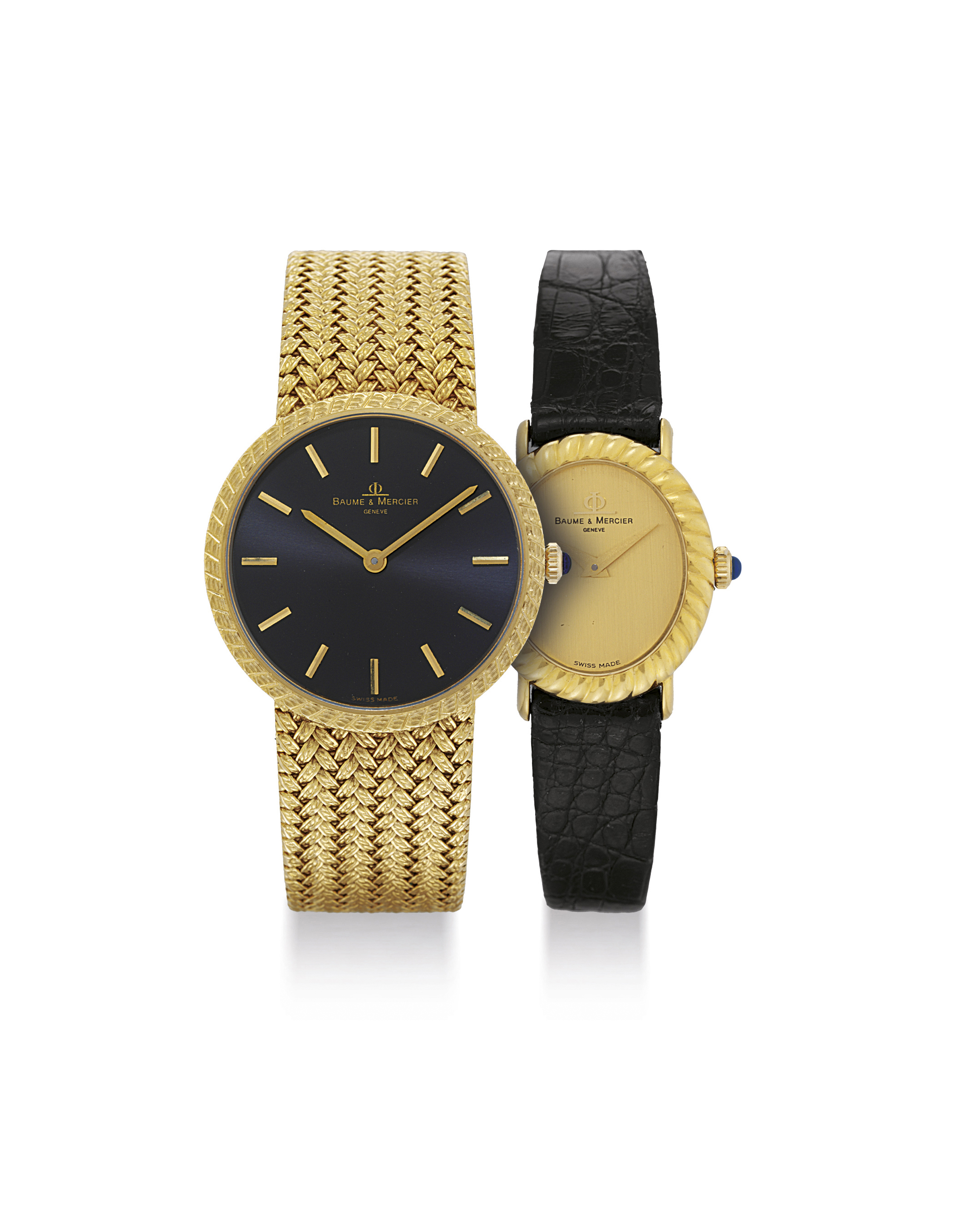 BAUME & MERCIER. A LOT OF ONE 18K GOLD BRACELET WATCH AND A LADY'S 18K GOLD OVAL WRISTWATCH ...