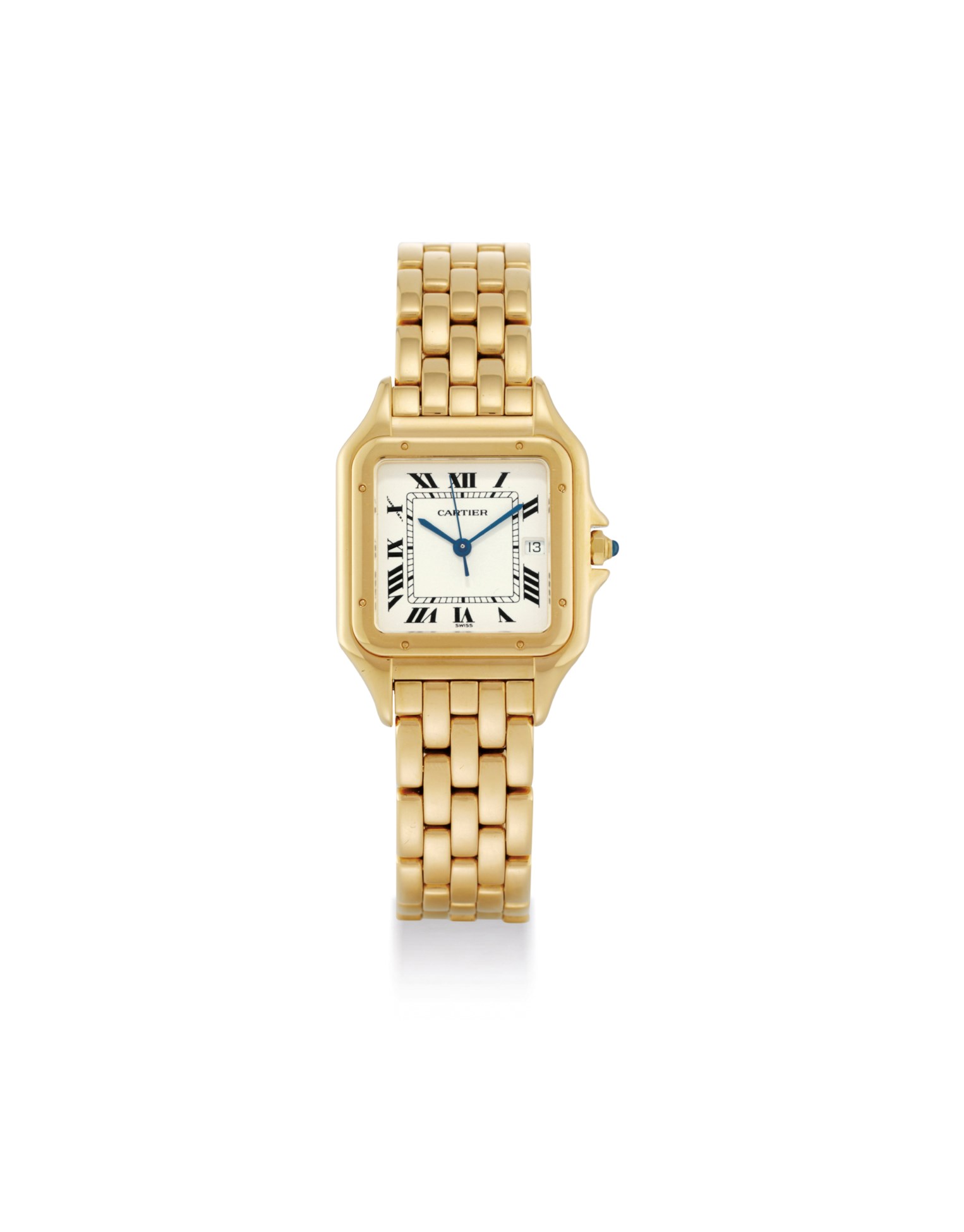 CARTIER. AN 18K GOLD SQUARE WRISTWATCH WITH SWEEP CENTRE SECONDS, DATE AND BRACELET