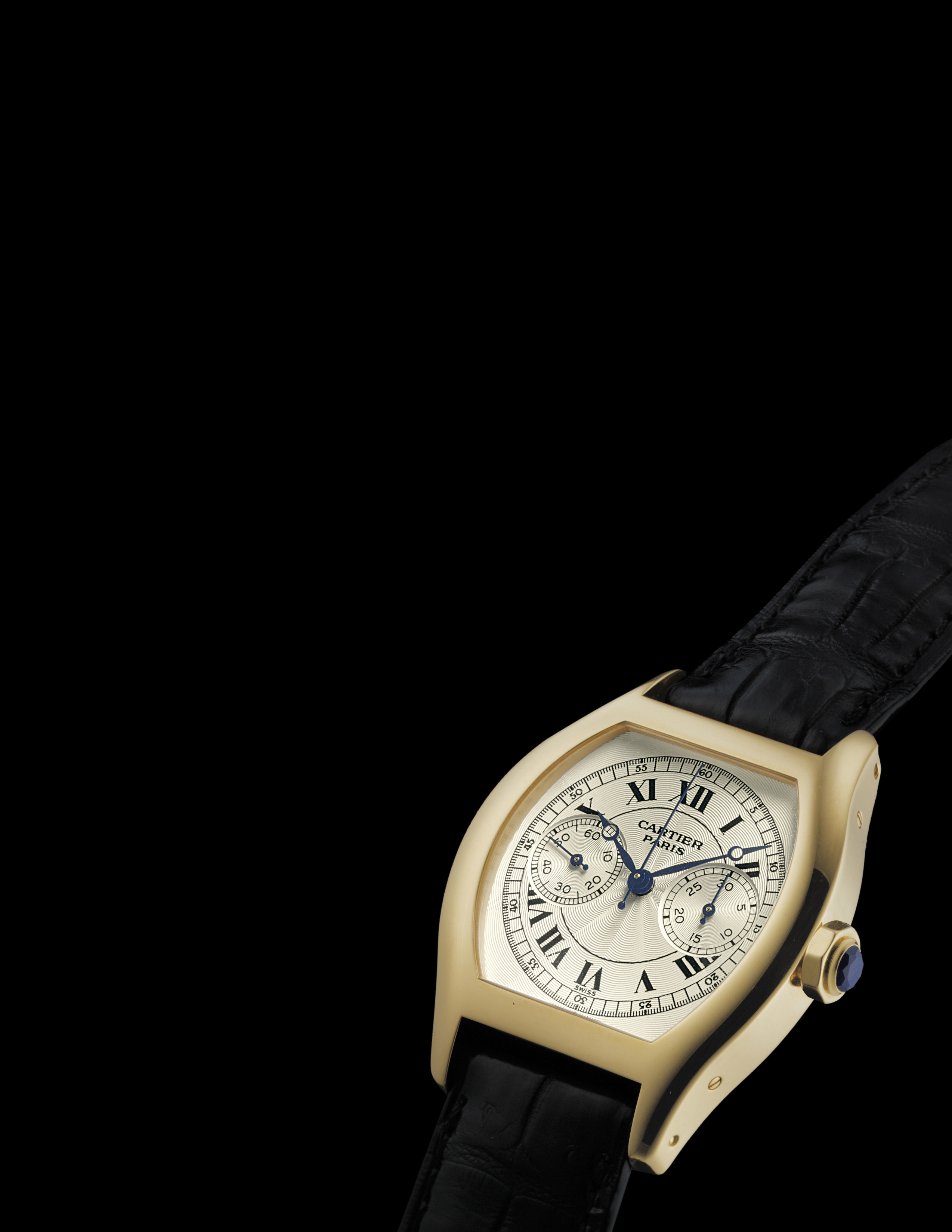 Cartier A Fine 18k Gold Tonneau Shaped Single Button Chronograph Wristwatch