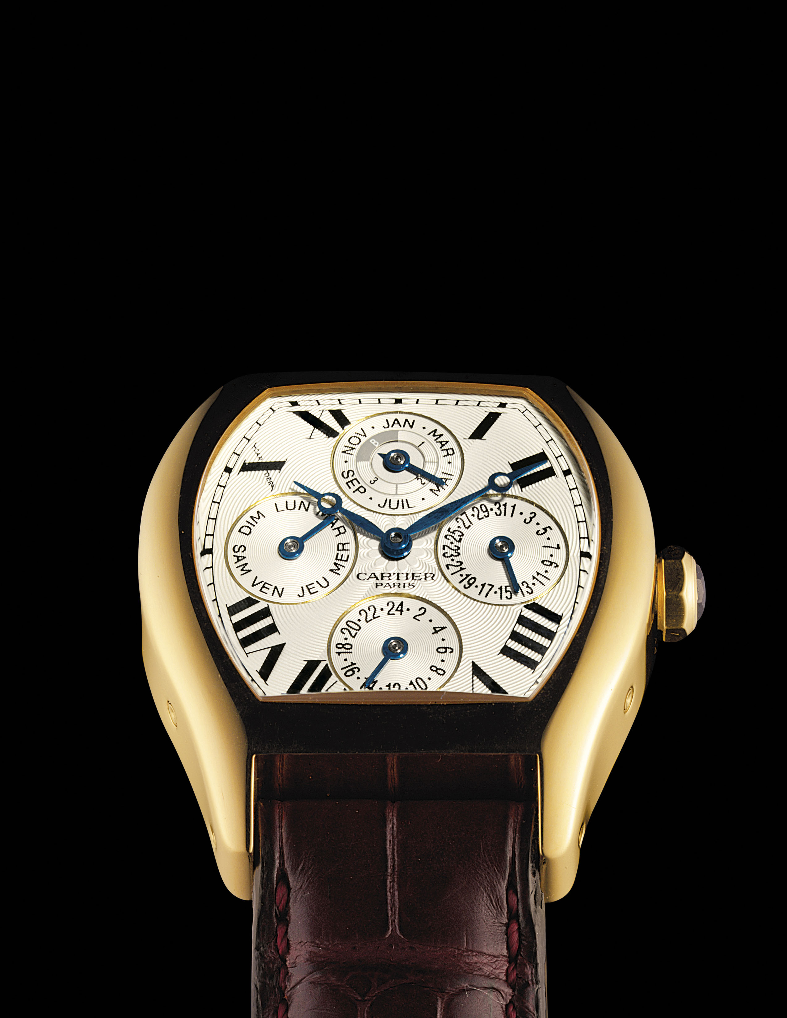 Cartier A Fine 18k Gold Tonneau Shaped Single Button Chronograph Wristwatch