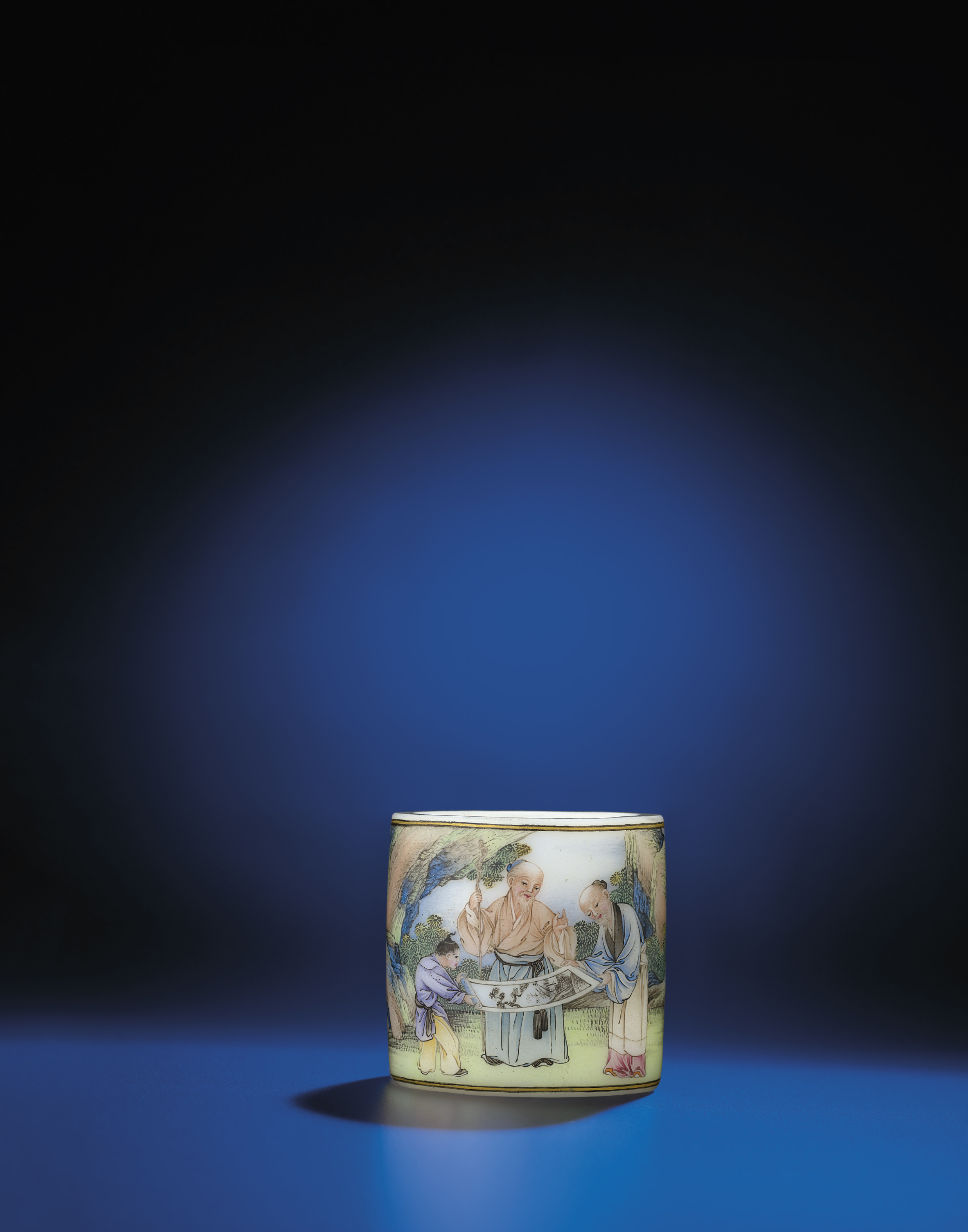 清乾隆料胎畫琺瑯四老圖小筆筒雙方框《乾隆年製》楷書刻款, QIANLONG 