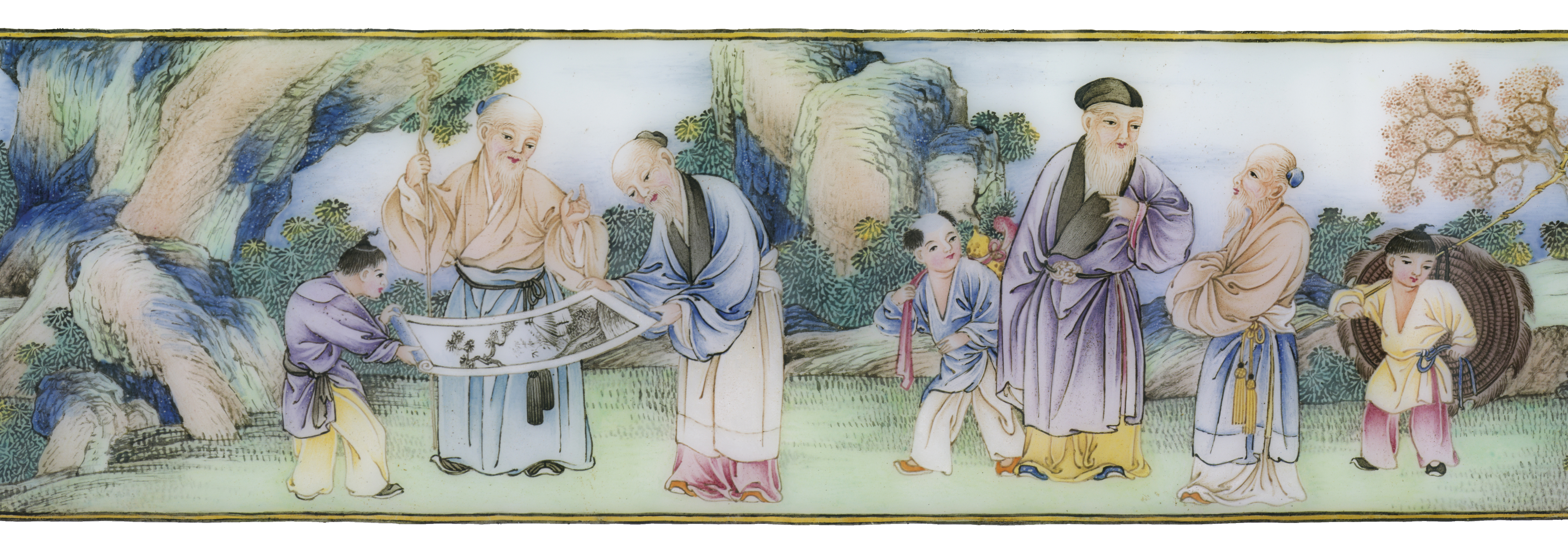 清乾隆料胎畫琺瑯四老圖小筆筒雙方框《乾隆年製》楷書刻款, QIANLONG