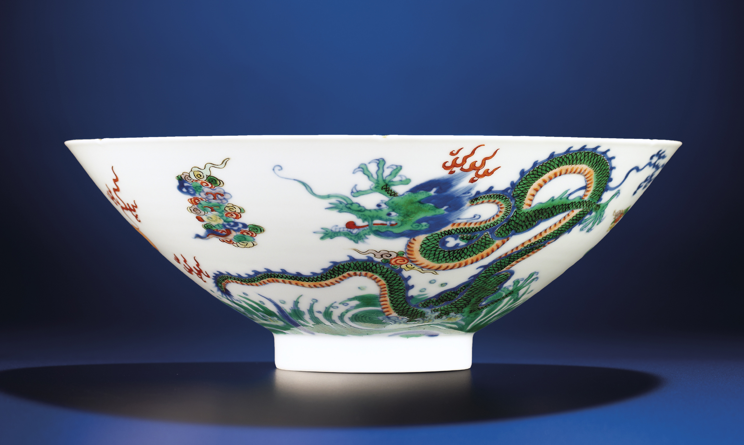 A FINE DOUCAI CONICAL DRAGON BOWL YONGZHENG SIX CHARACTER MARK