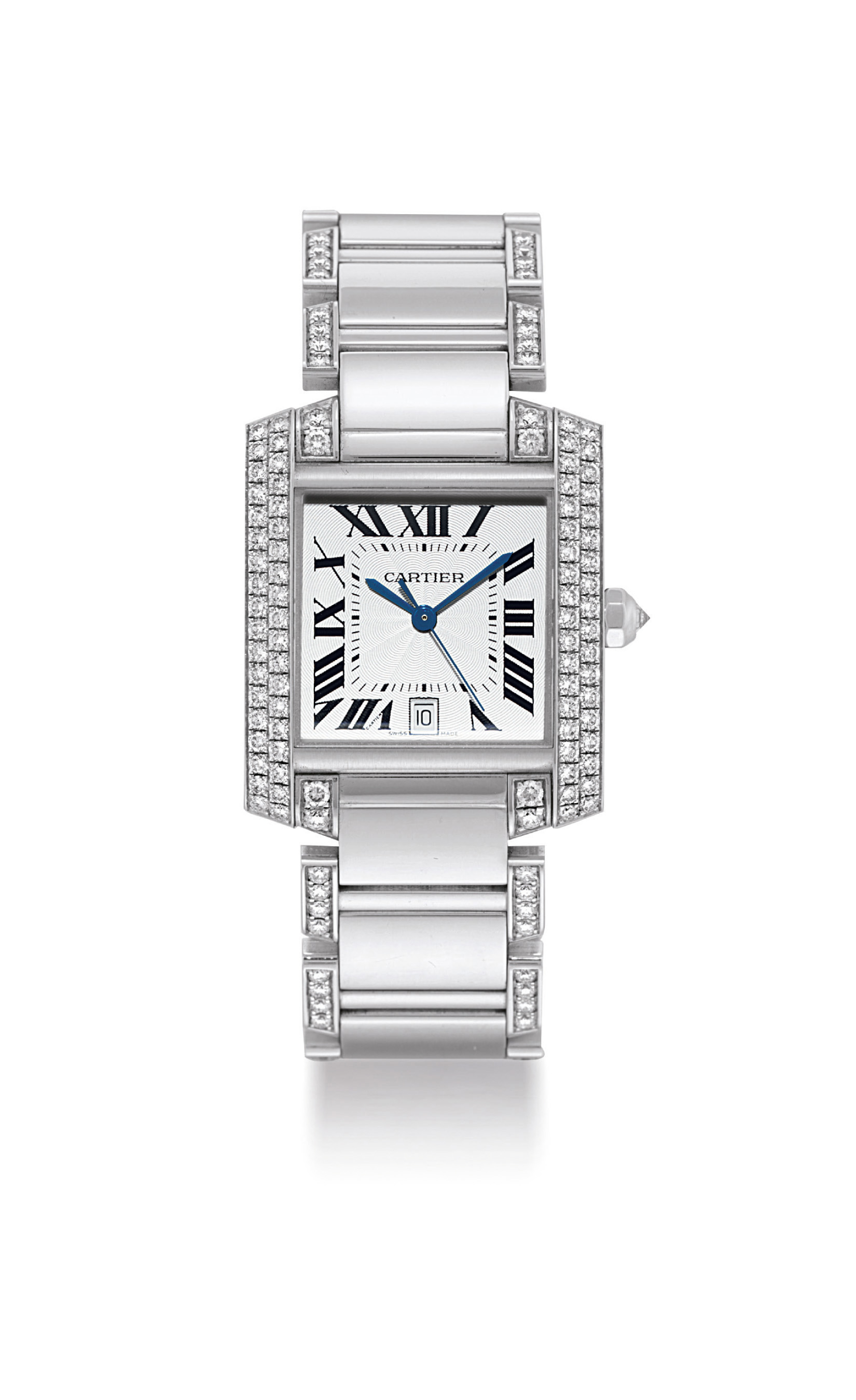 Cartier A Fine 18k White Gold And Diamond Set Square Automatic Bracelet Watch With Date And Sweep Centre Seconds Signed Cartier Tank Francaise Model Ref 2366 Case No Mg333682 Circa 2008