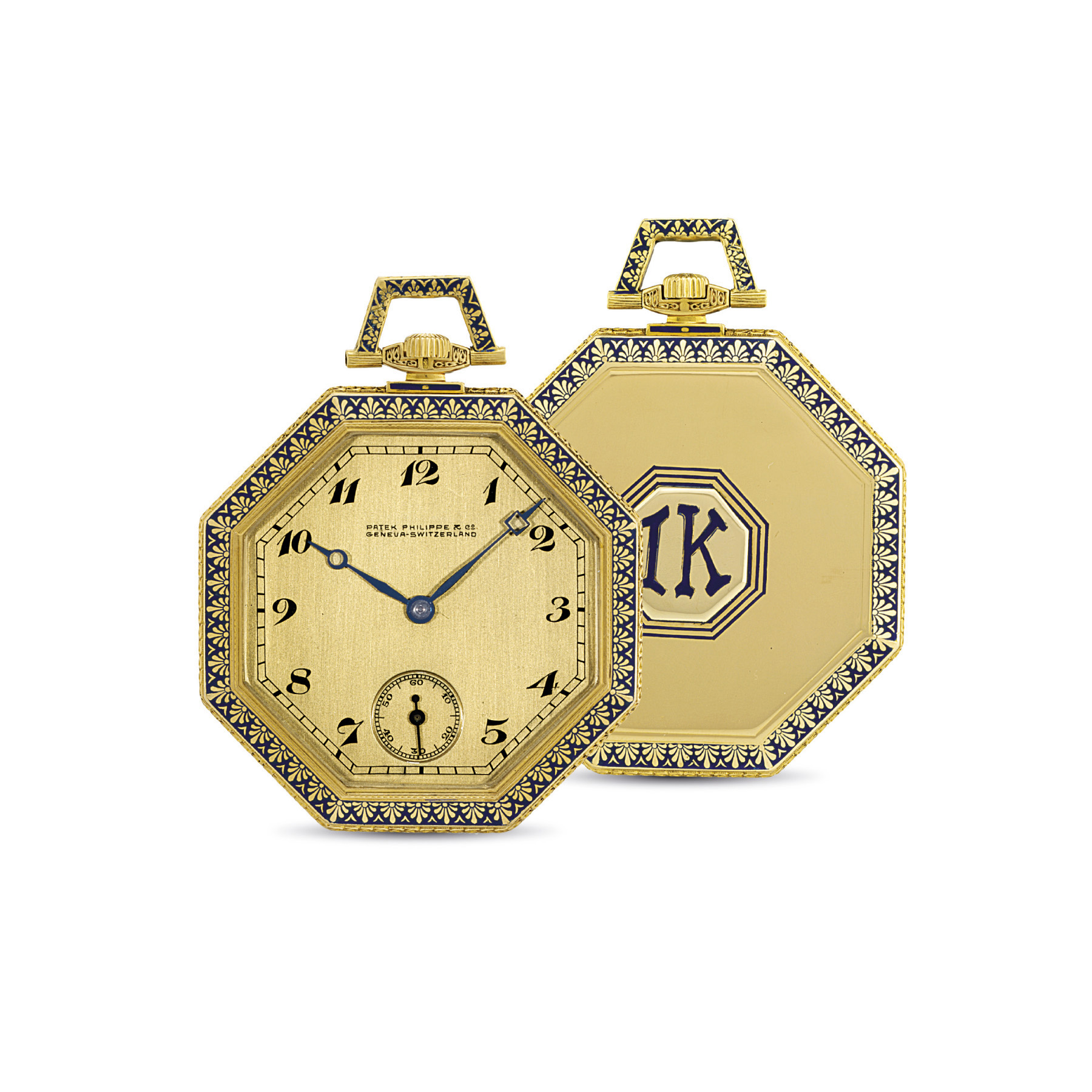 PATEK PHILIPPE. A FINE 18K GOLD AND ENAMEL OCTAGONAL OPENFACE KEYLESS LEVER DRESS WATCH SIGNED PATEK PHILIPPE CO GENEVA SWITZERLAND MOVEMENT NO. 185 429 CASE NO. 600 127 MANUFACTURED IN 1916 Christie ...