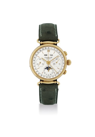 CHATELAIN. AN 18K GOLD TRIPLE CALENDAR CHRONOGRAPH WRISTWATCH WITH MOON