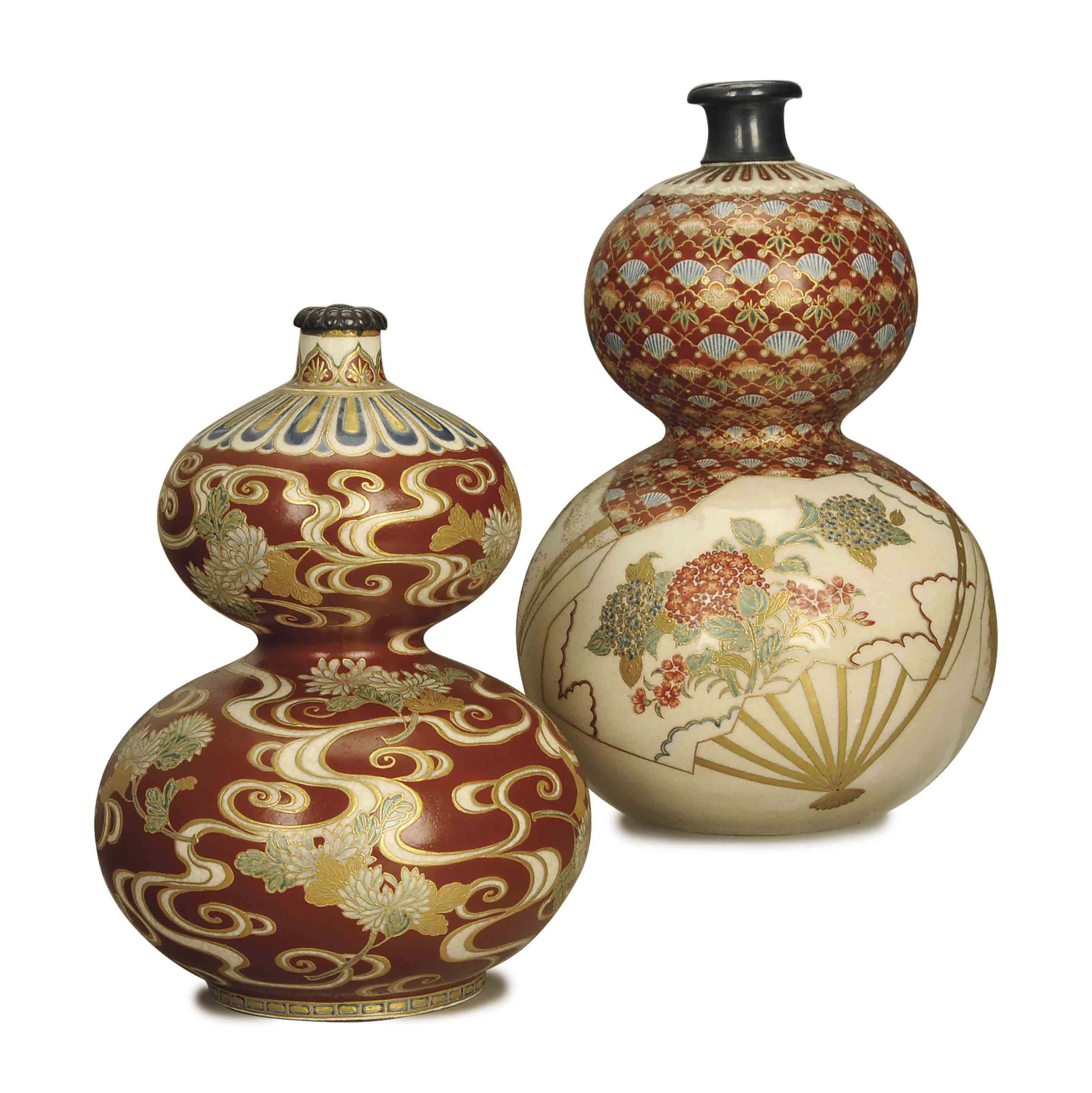 TWO JAPANESE IRON REDGROUND SATSUMA CALABASH FLASKS WITH METAL