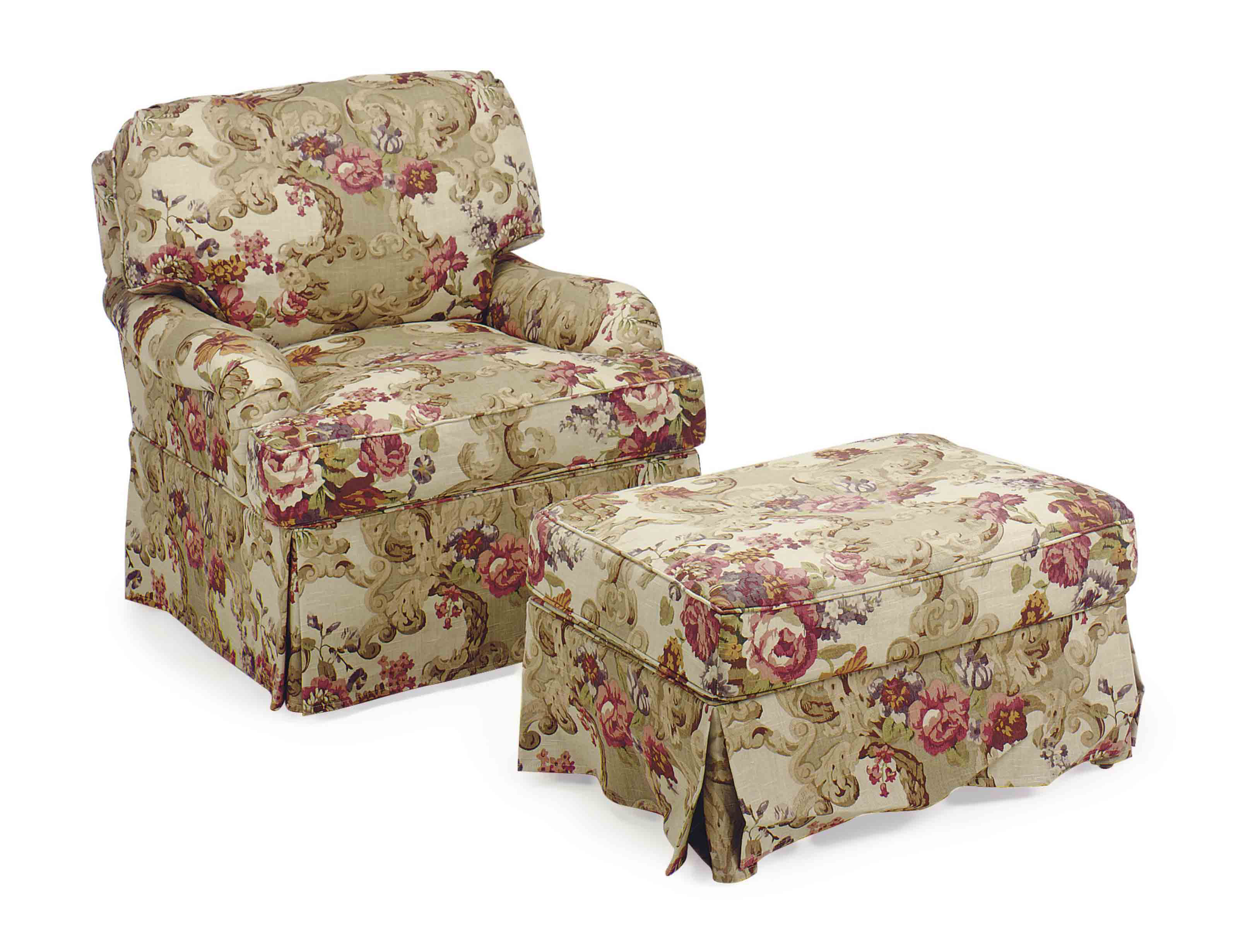 A PAIR OF FLORAL UPHOLSTERED CLUB CHAIRS AND OTTOMANS,