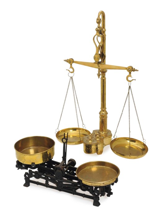 TWO BRASS AND WROUGHT IRON SCALES,