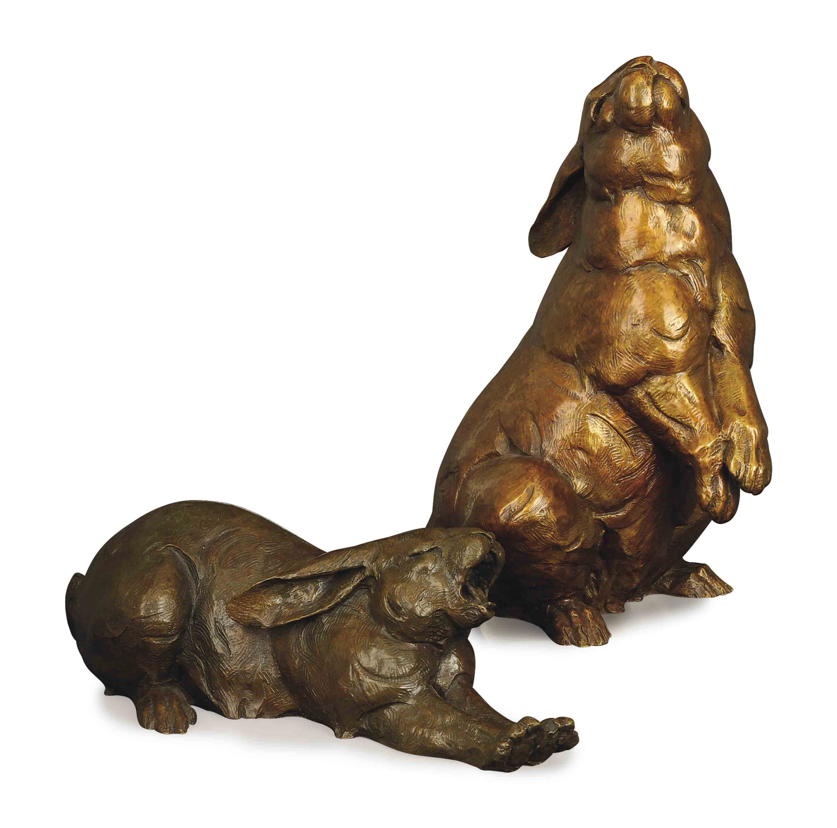 TWO AMERICAN PATINATED BRONZE FIGURES OF RABBITS, ONE ENTITLED 'YAWNING