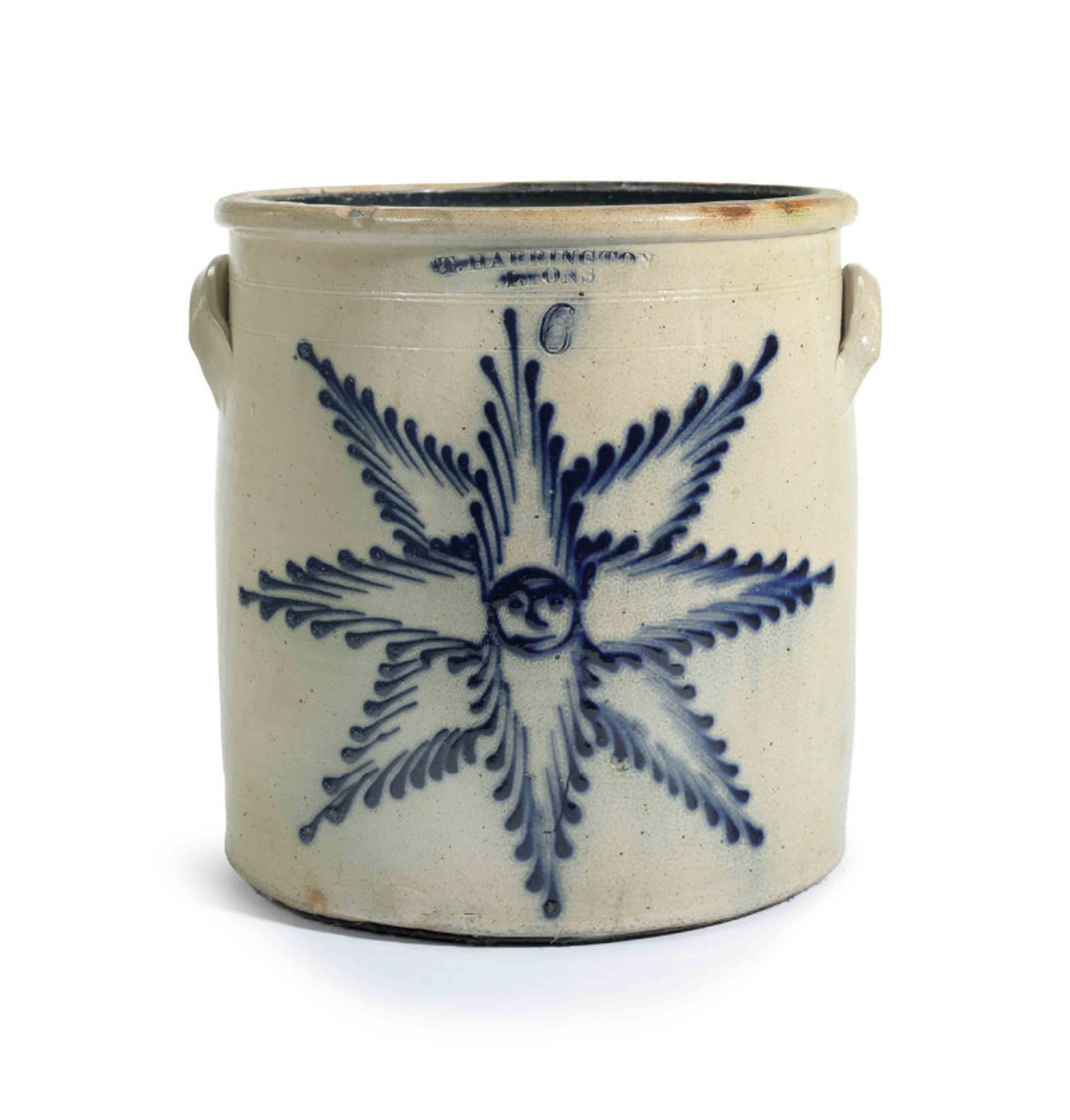 A Six Gallon Double Handled Cobalt Decorated Stoneware Crock With