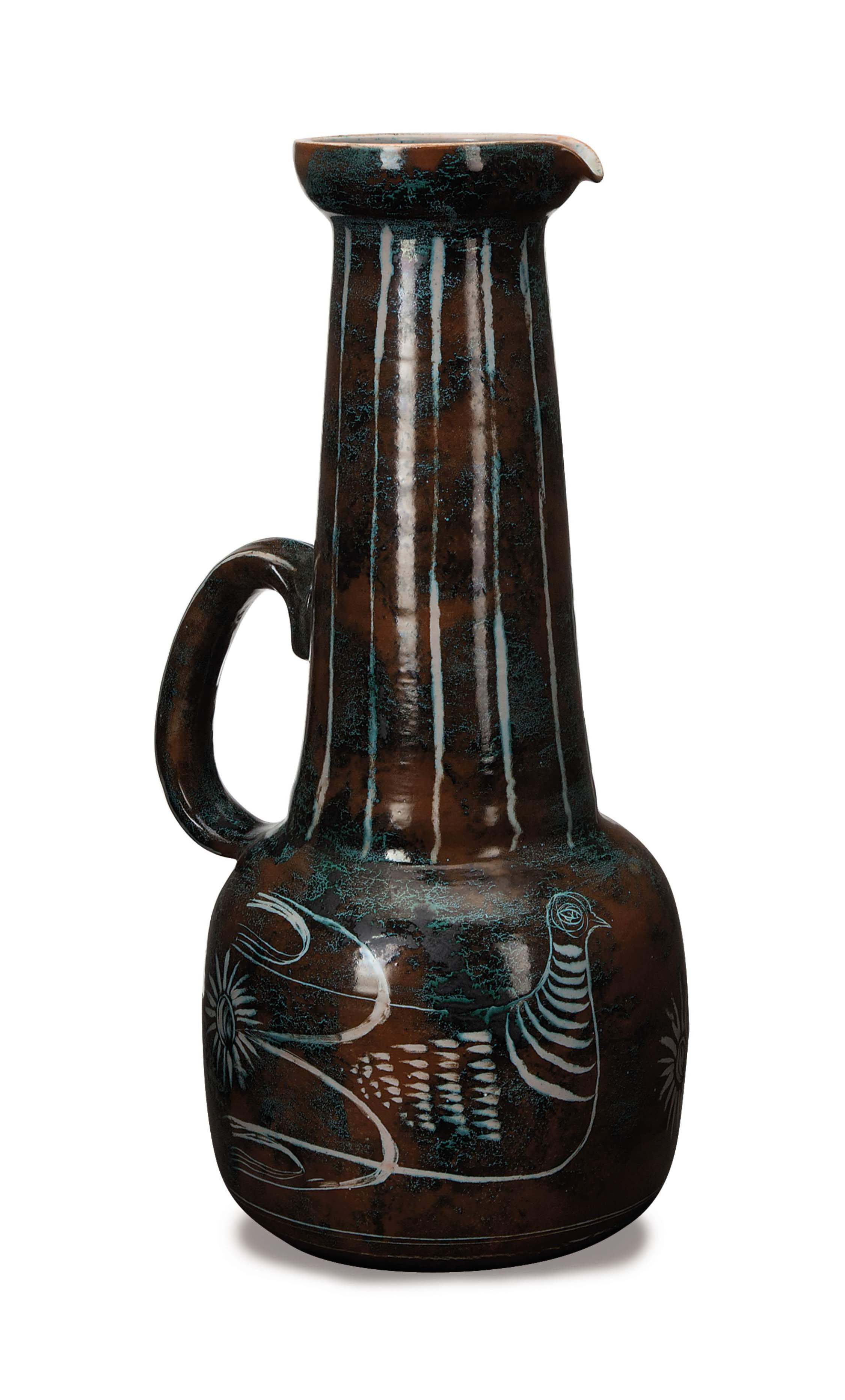 A FRENCH EARTHENWARE GLAZED EWERFORM VASE, , PAINTED MARK 'MONTGOLFIER POTTERY, FRANCE', MID