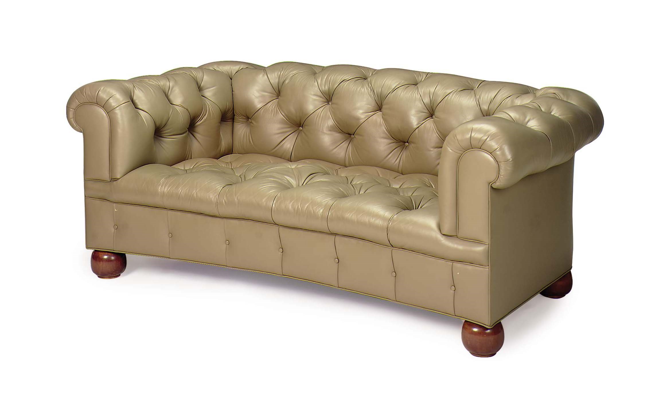 A TAN BUTTONTUFTED LEATHERUPHOLSTERED CURVED SOFA, , LATE 20TH