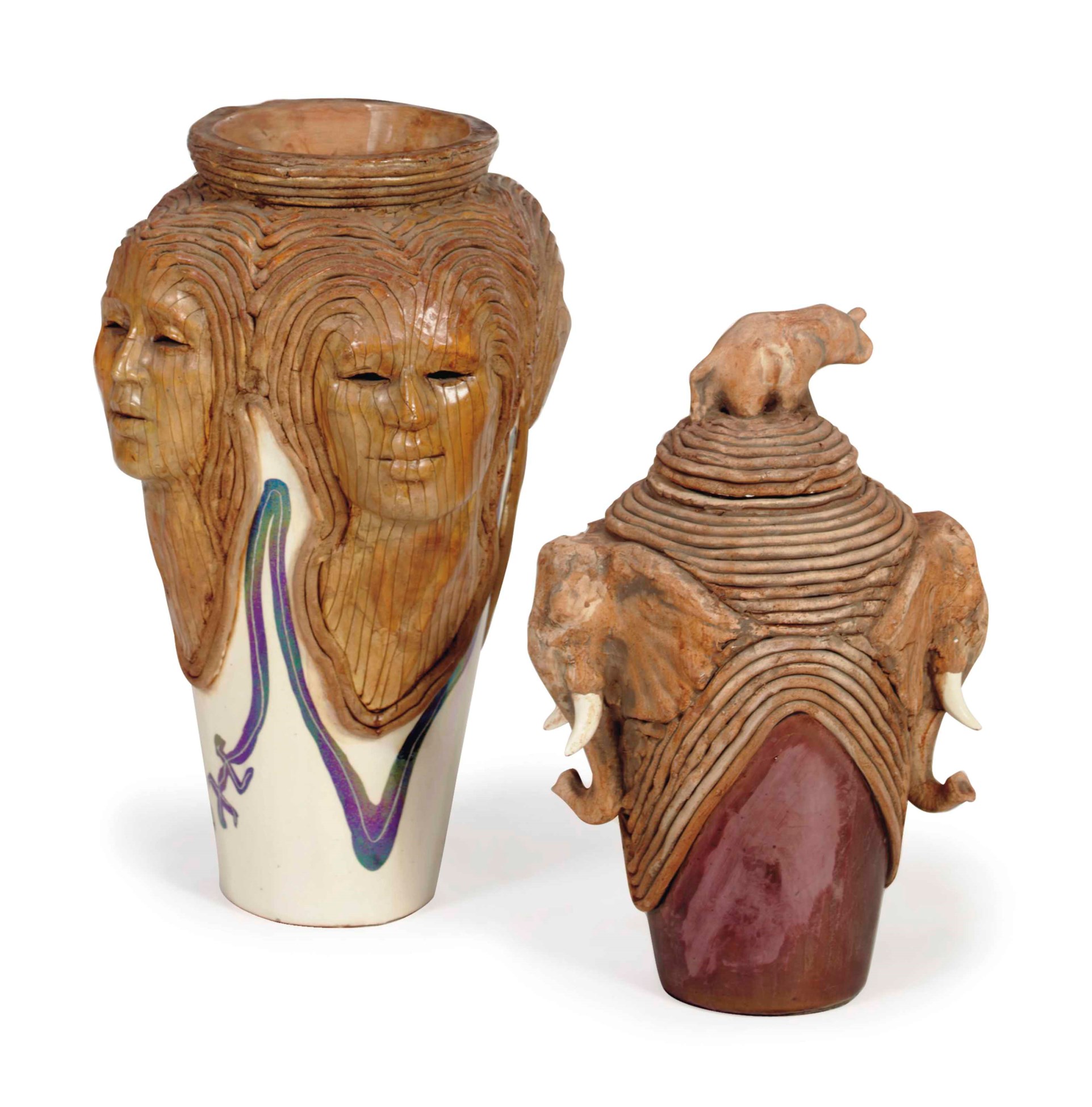 AN AMERICAN POTTERY 'UNITY VASE' WITH APPLIED FACES, AND A 'CEREMONIAL
