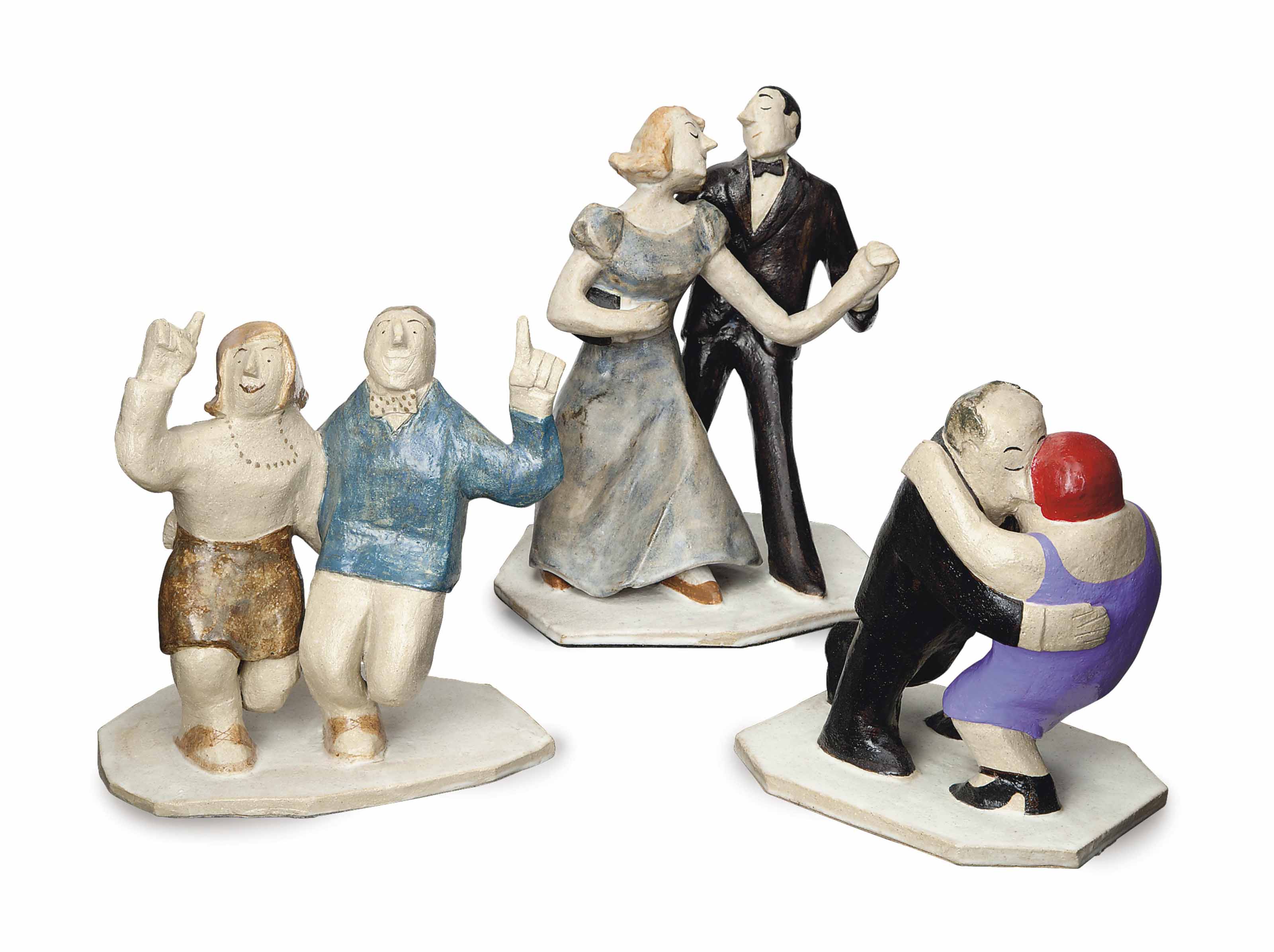 FIVE AMERICAN POTTERY FIGURE GROUPS OF COUPLES DANCING, , INCISED