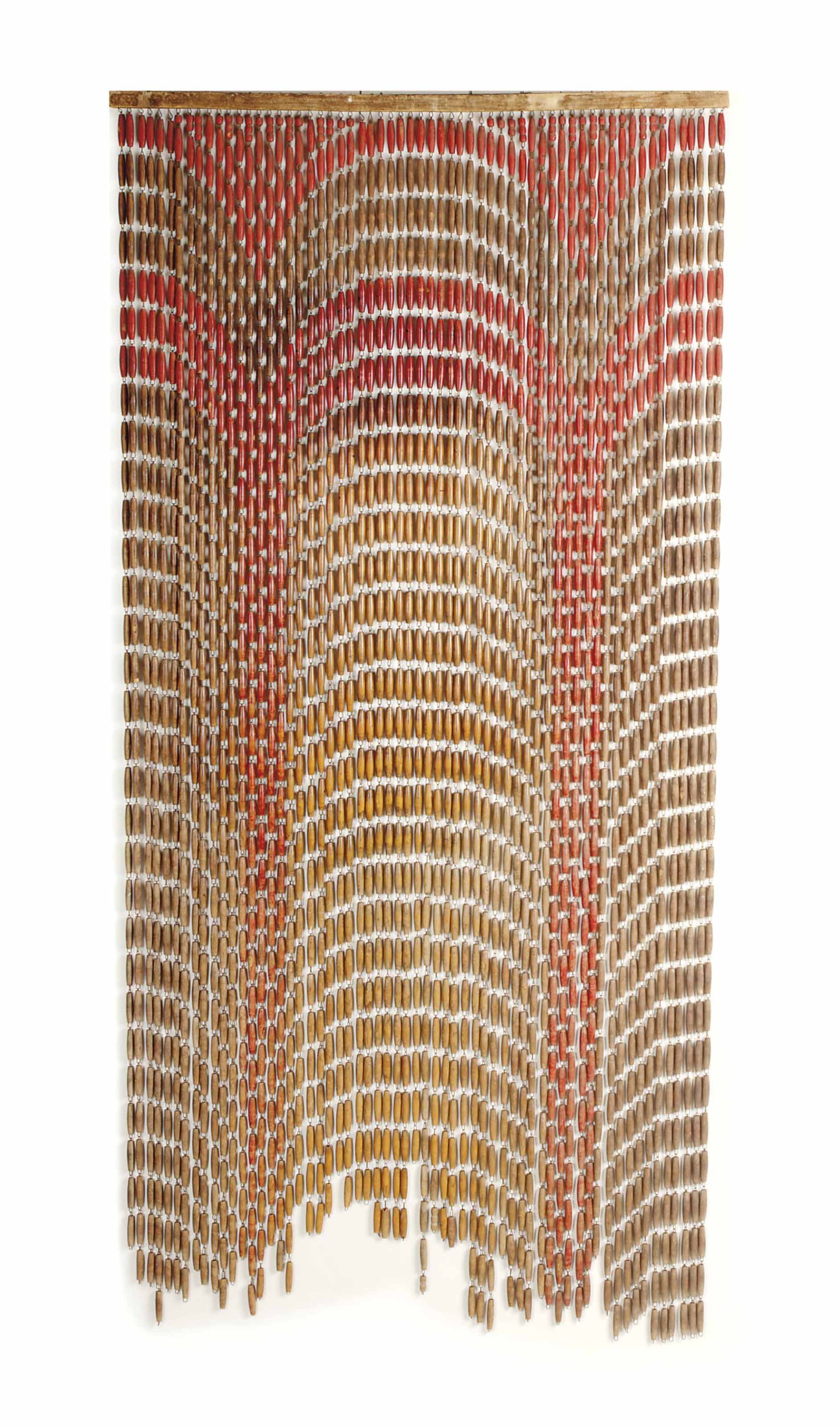 A PAIR OF POLYCHROMEDECORATED BEADED CURTAIN PANELS,