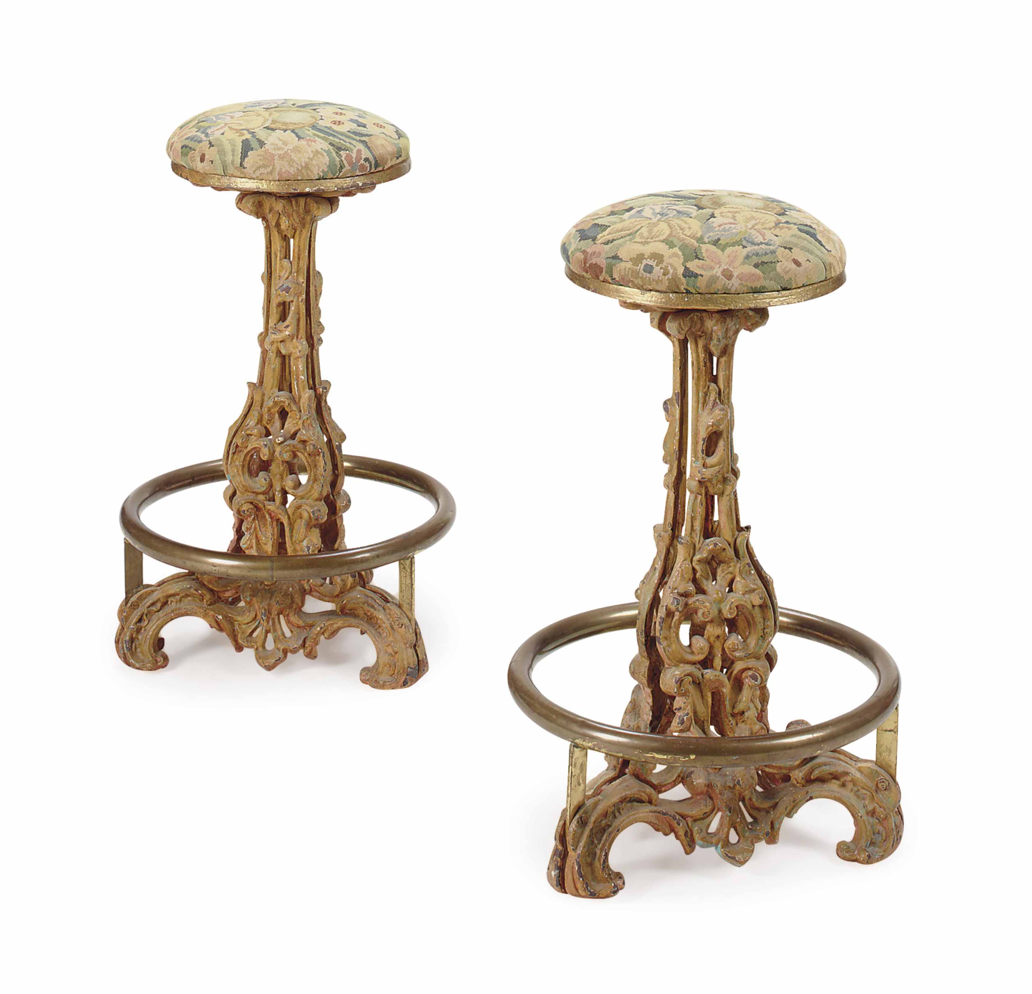 A PAIR OF BRASS-MOUNTED YELLOW-PAINTED CAST-IRON BAR STOOLS, , FIRST A PAIR OF BRASS-MOUNTED YELLOW-PAINTED CAST-IRON BAR STOOLS, , FIRST
