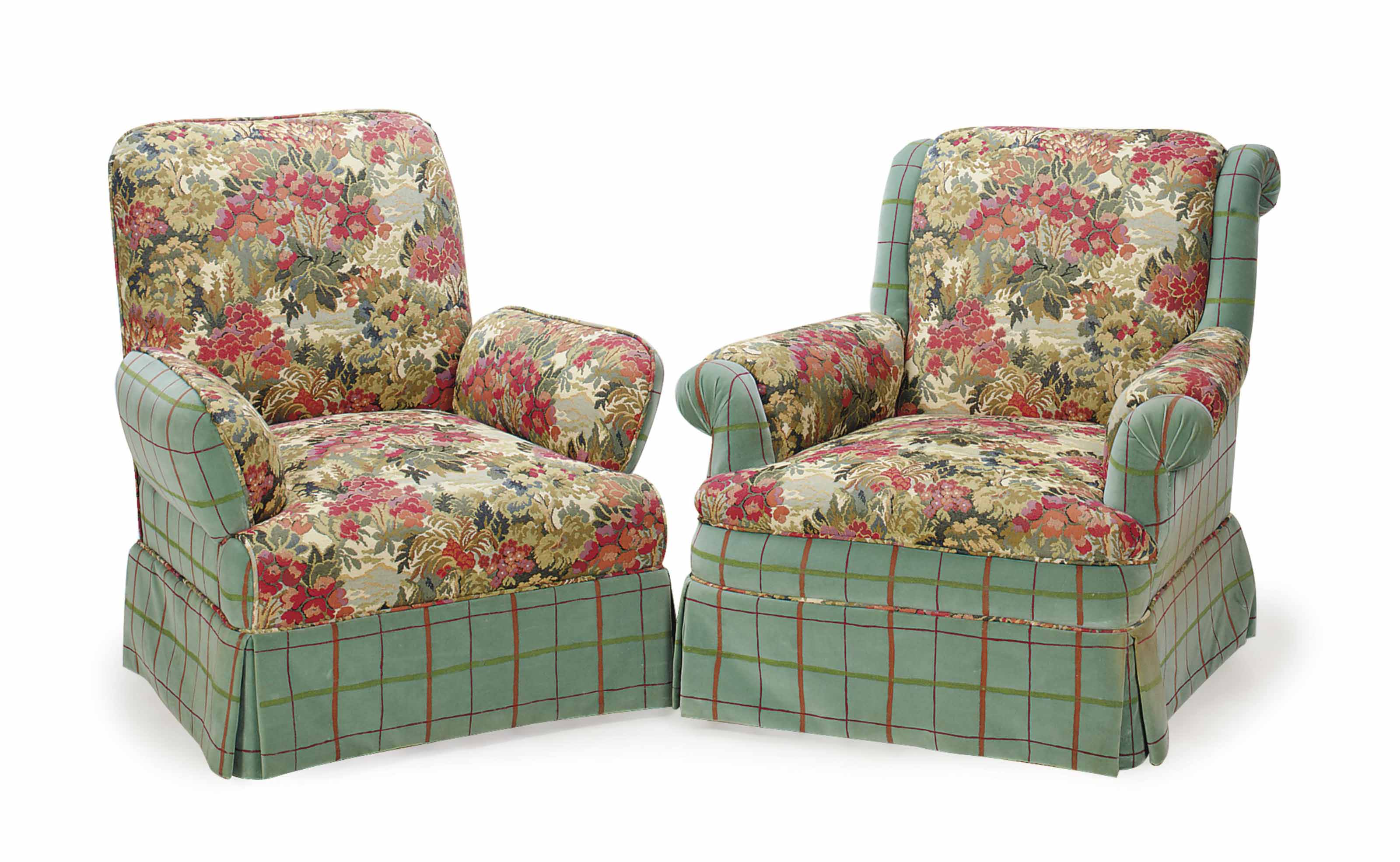 A PAIR OF PLAID AND FLORAL PLUSHUPHOLSTERED CLUB CHAIRS,