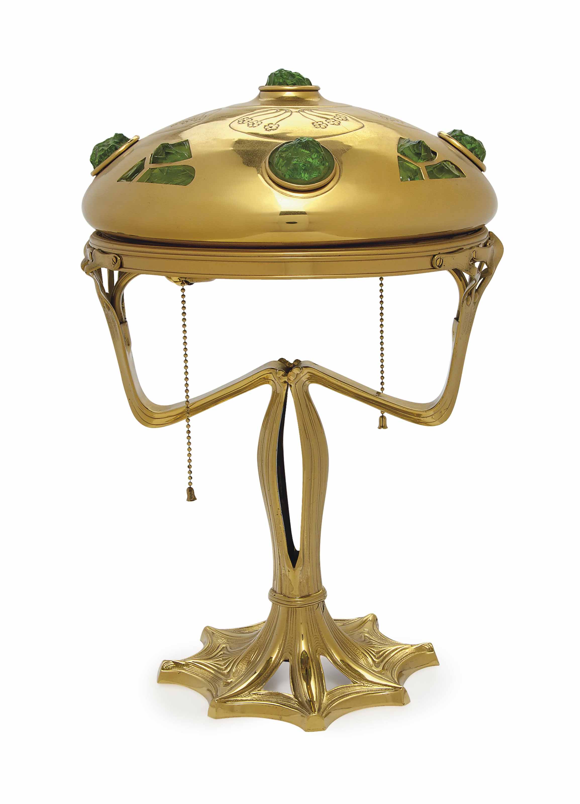 A German Art Nouveau Brass And Green Glass Table Lamp