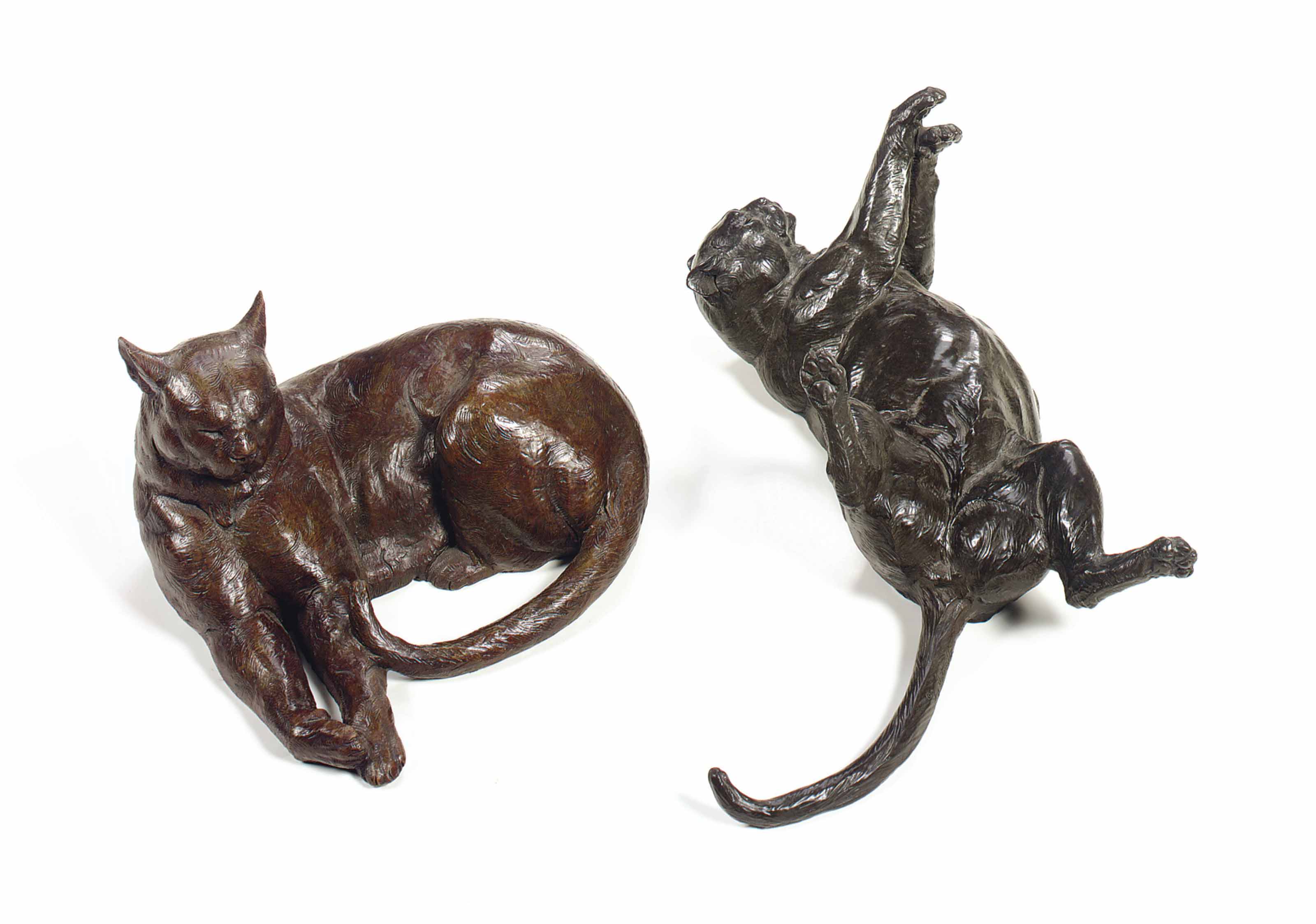 THREE AMERICAN PATINATEDBRONZE FIGURES OF RECLINING CATS AND A MOUSE