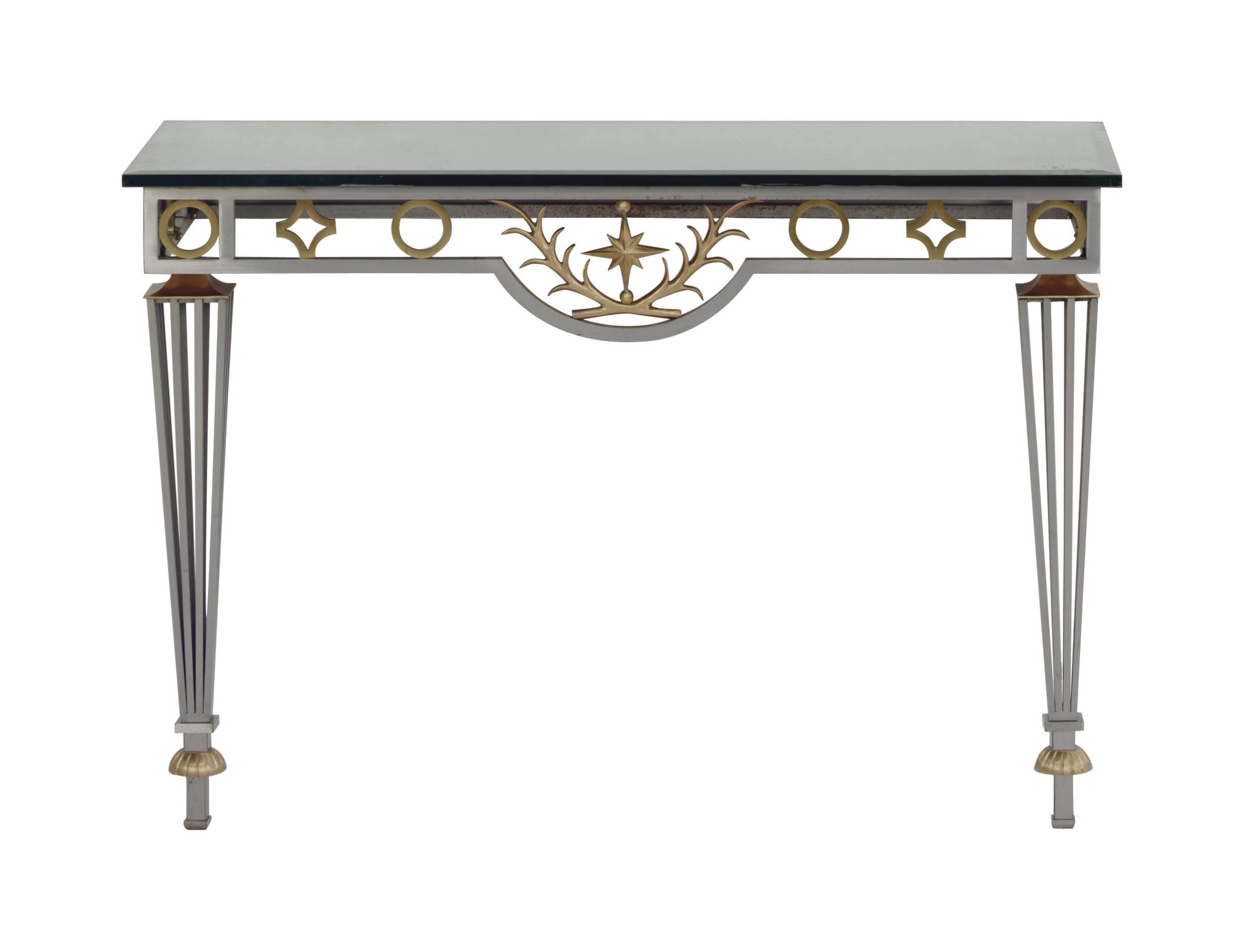 A STEEL, BRASS AND MIRRORED GLASS-TOP CONSOLE TABLE, , OF ...