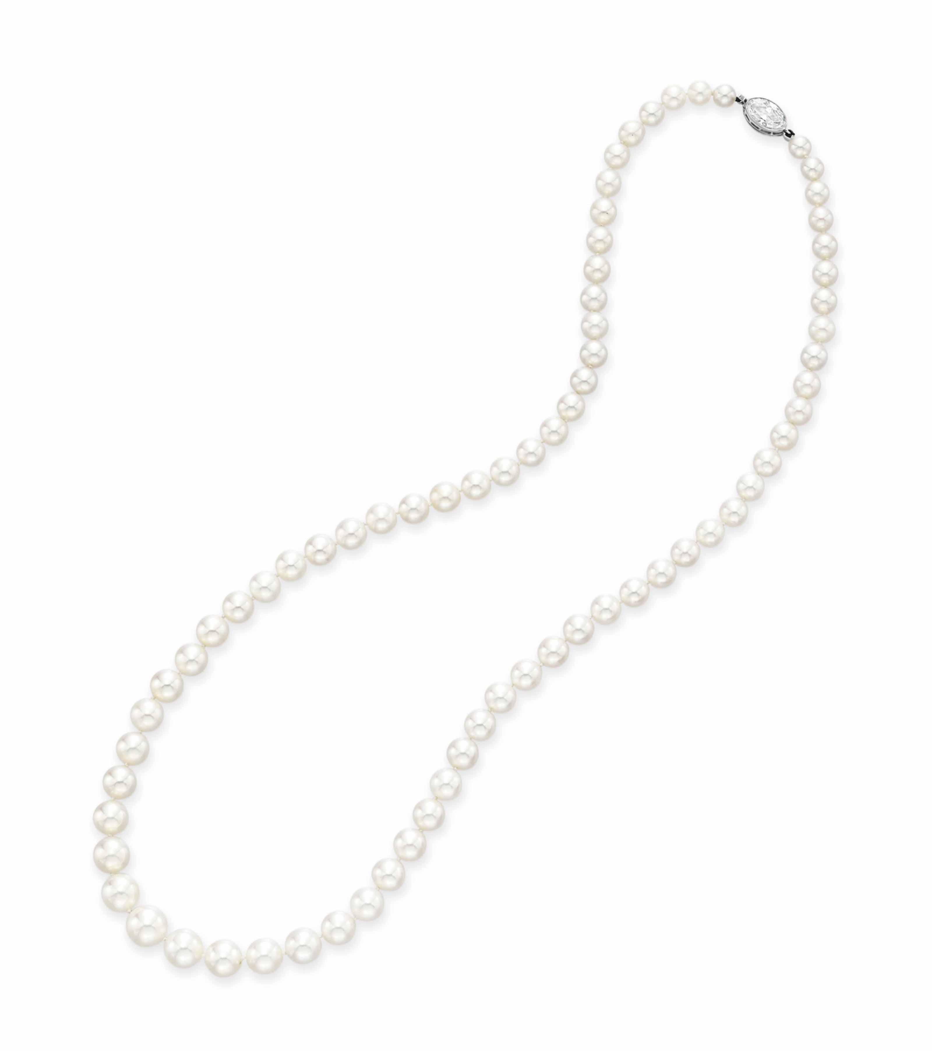 A SINGLE STRAND NATURAL PEARL AND DIAMOND NECKLACE BY TIFFANY