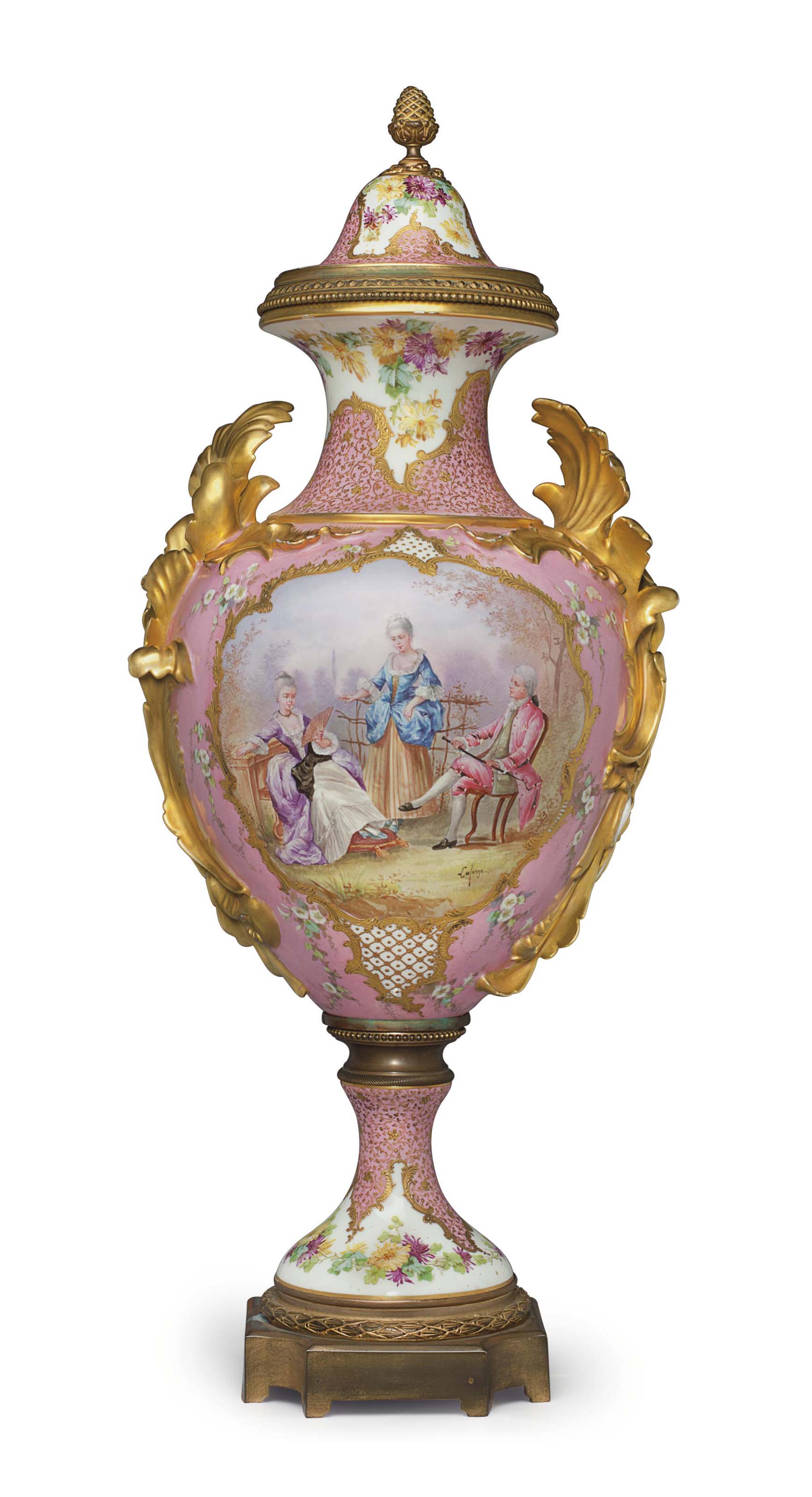 A SEVRES STYLE PORCELAIN PINKGROUND VASE AND COVER , LATE 19TH/20TH
