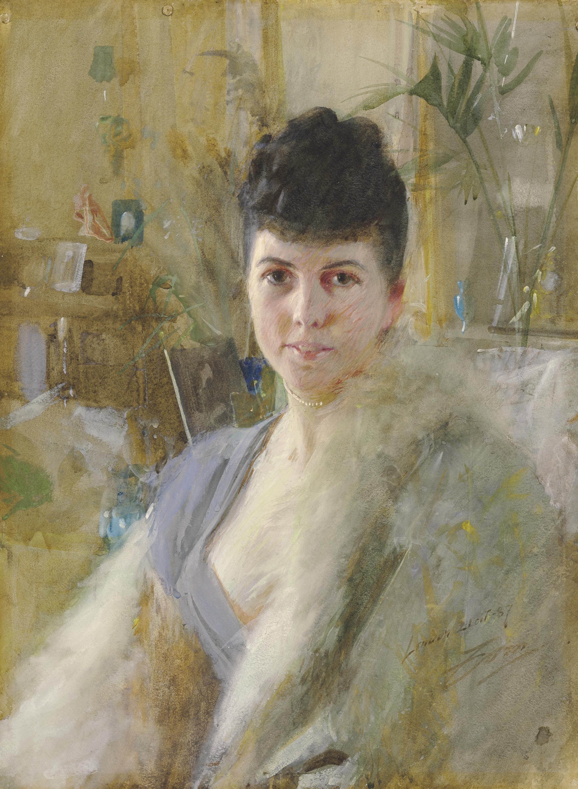 Anders Zorn (Swedish, 1860-1920) , Portrait of a Lady in a Drawing Room