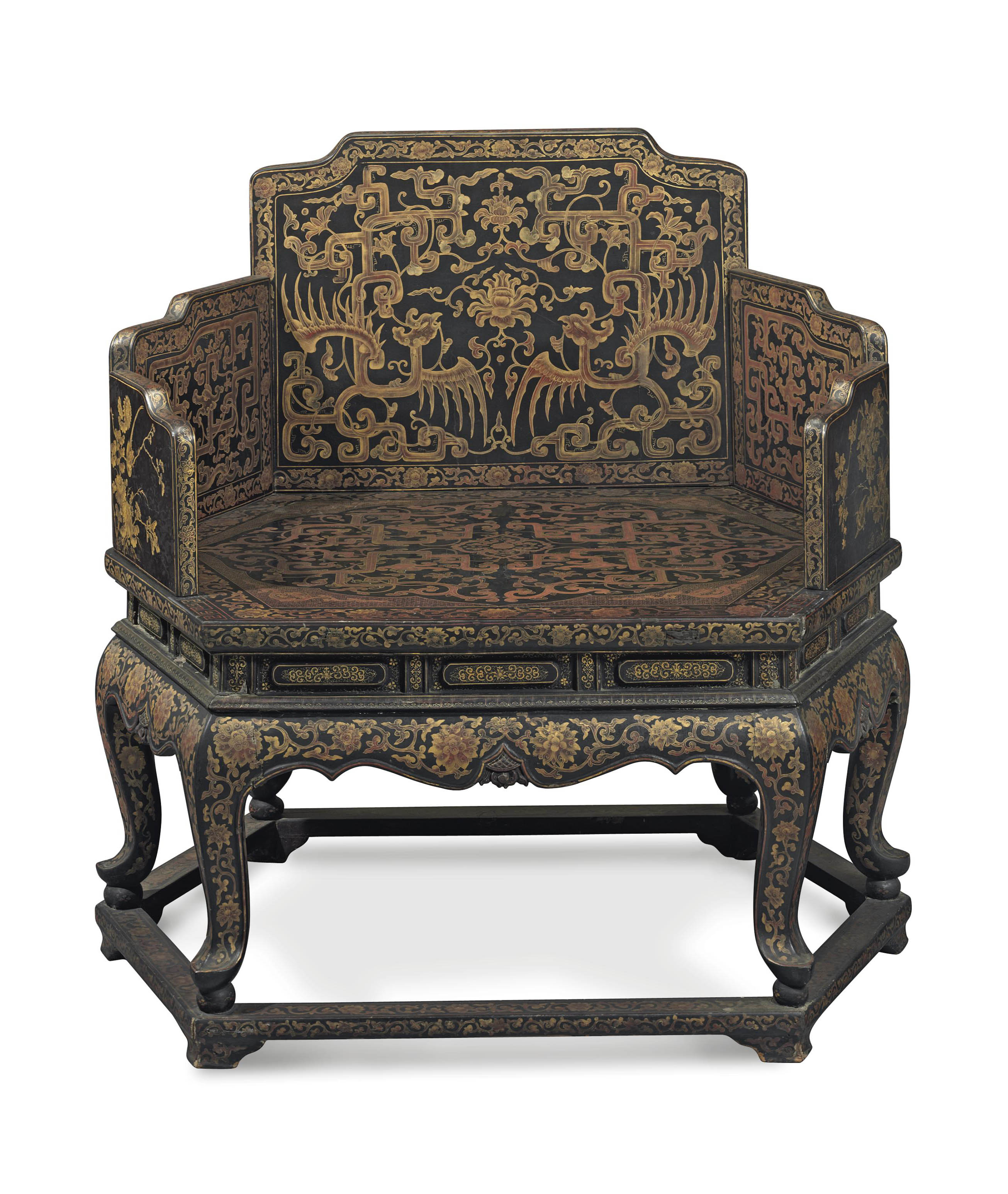 A Rare Large Gilt Decorated Black Lacquered Hexagonal Throne Chair 18th 19th Century Furniture Lighting Lacquer Japanned Christie S