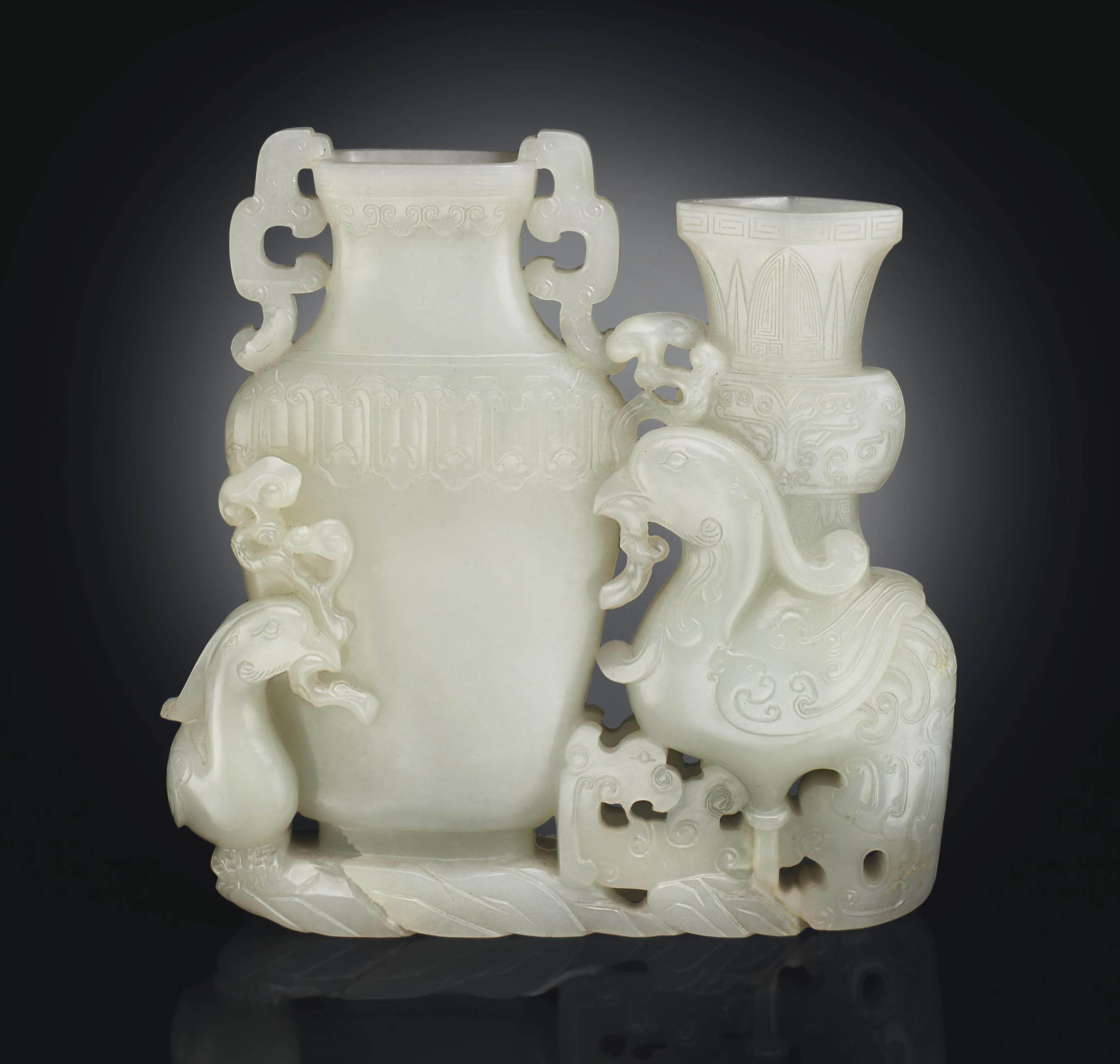 A WHITE JADE DOUBLE VASE GROUP