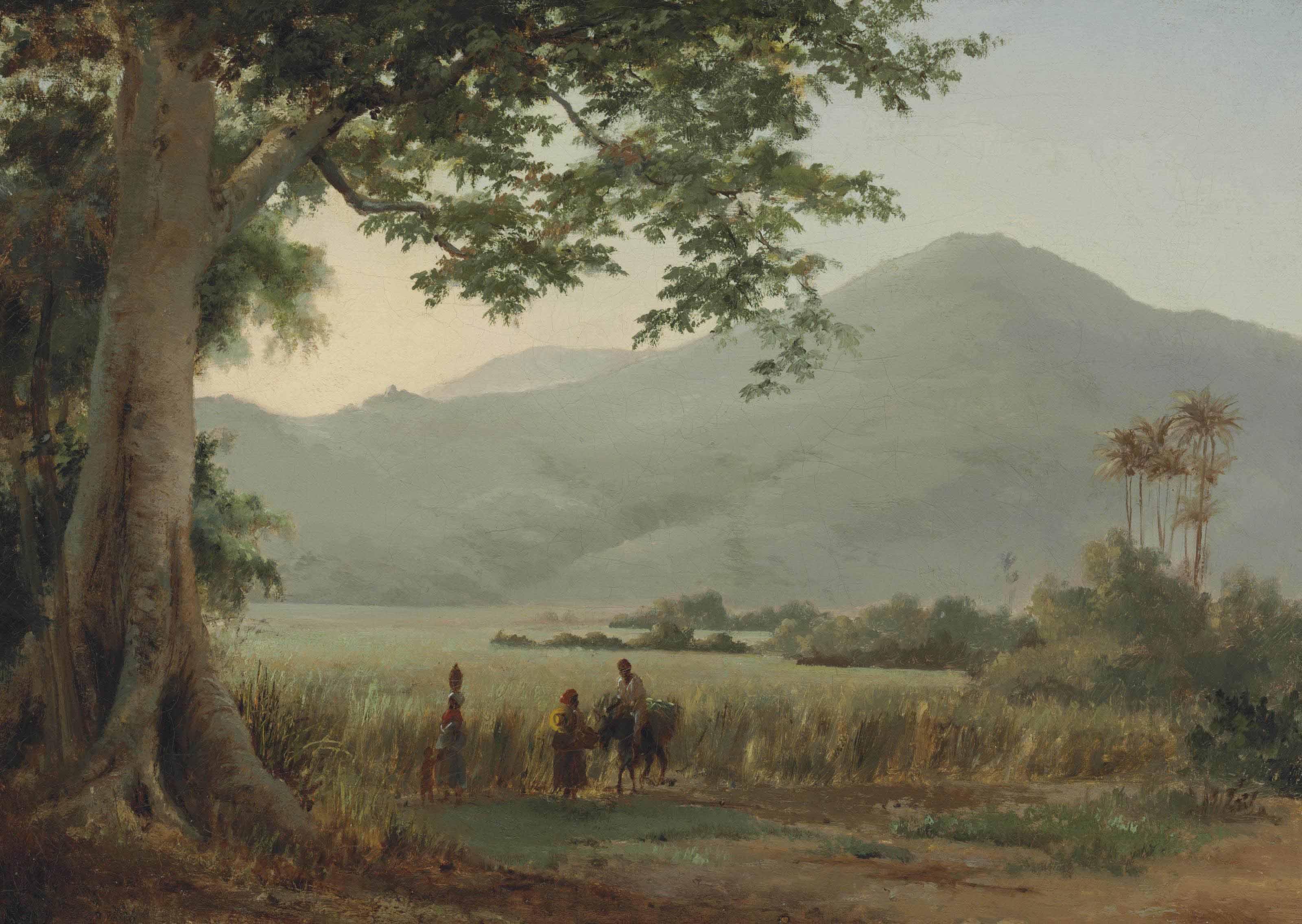 Personnages discutant au bord d'un chemin 
