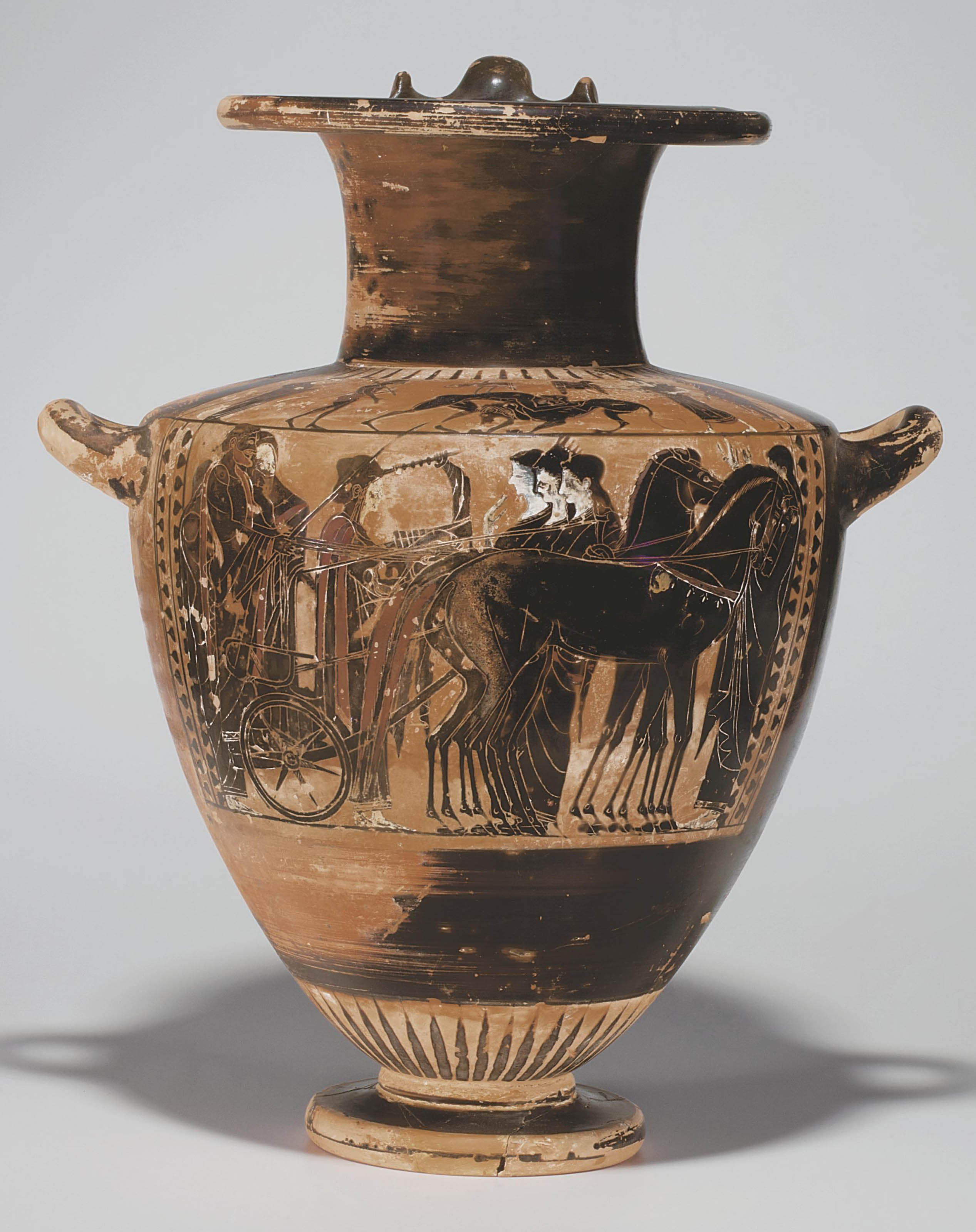AN ATTIC BLACKFIGURED HYDRIA , ATTRIBUTED TO THE LEAGROS GROUP, CIRCA