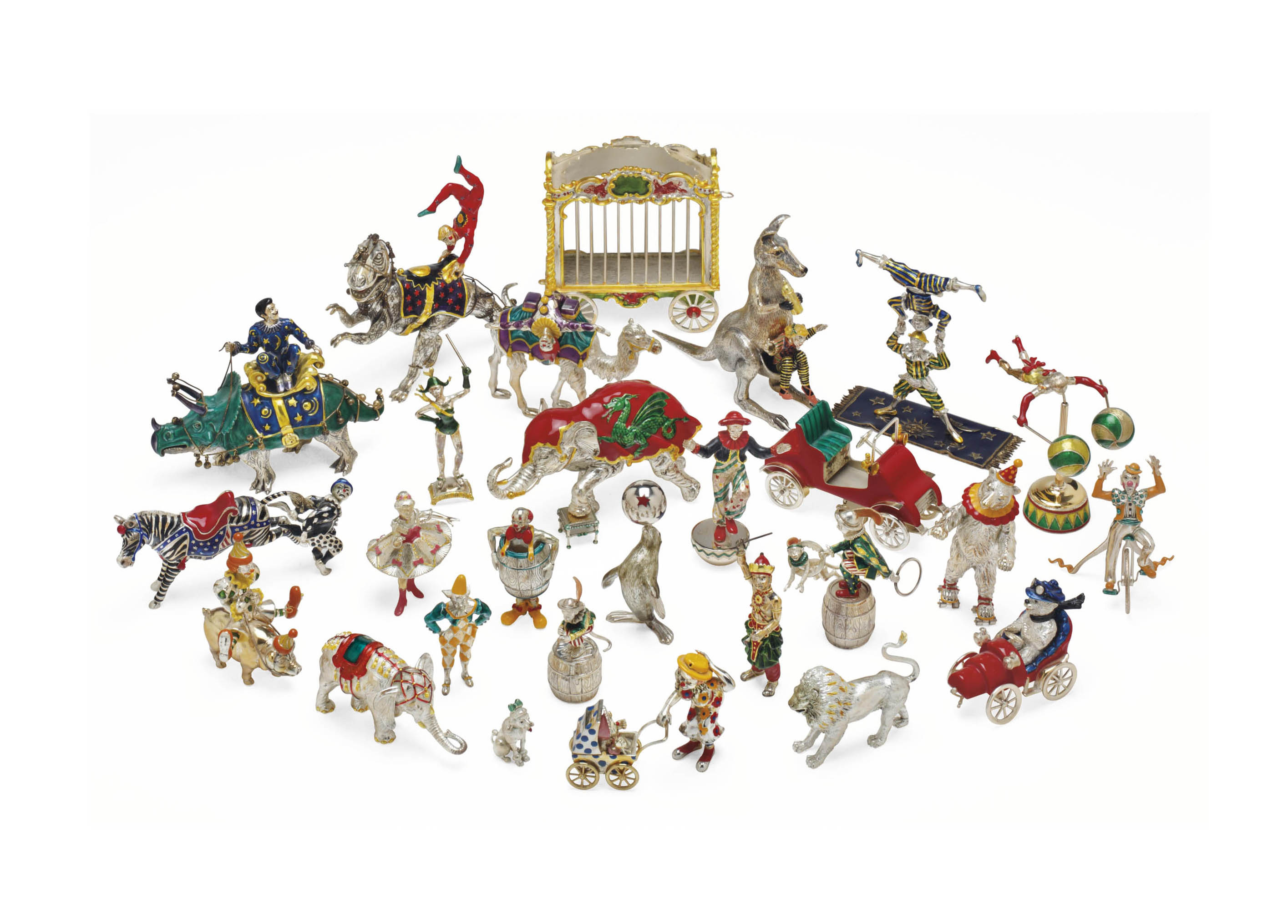 A GROUP OF SILVER AND ENAMEL CIRCUS FIGURINES, BY TIFFANY & CO
