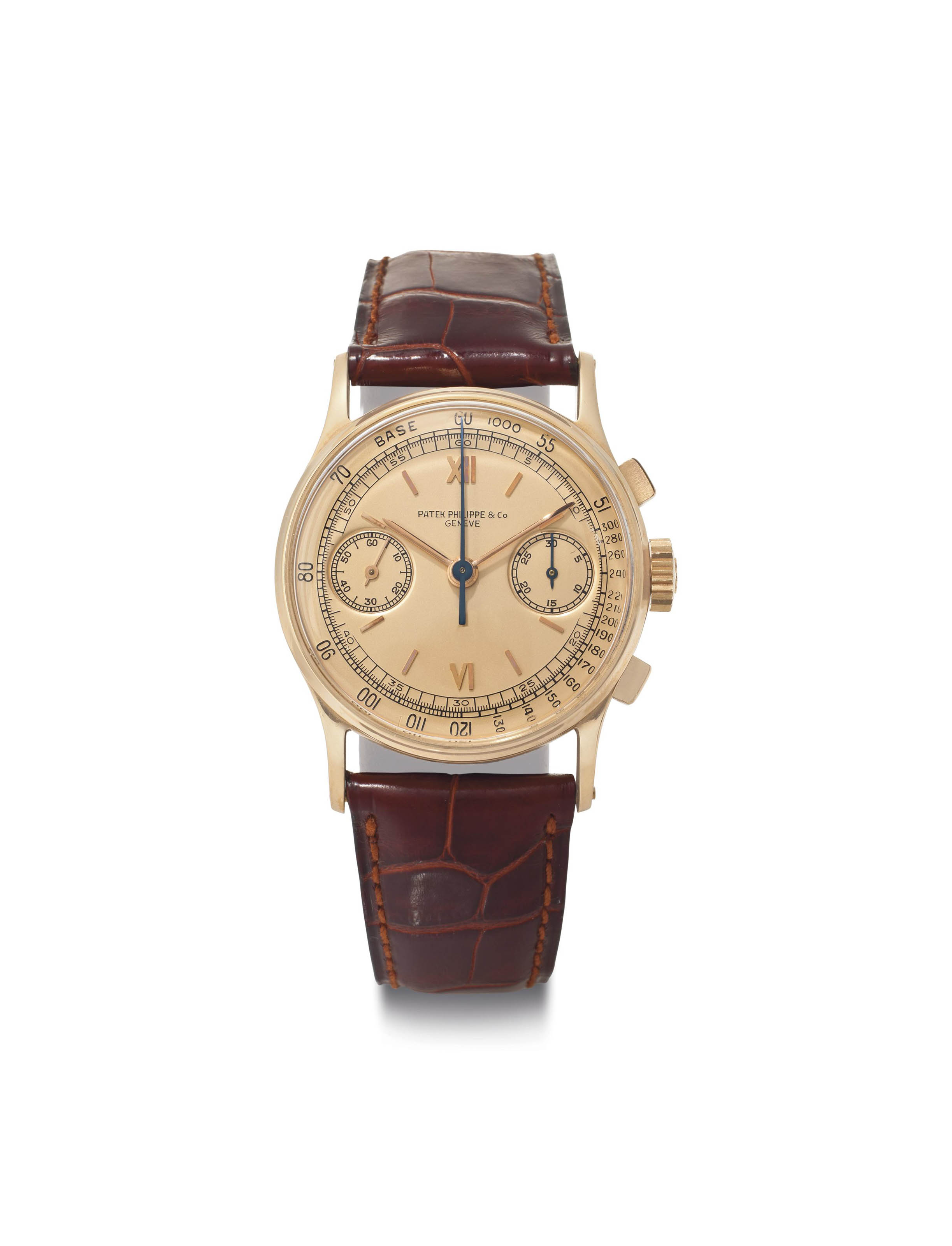 Patek Philippe. A Fine 18k Pink Gold Chronograph Wristwatch with Tachometer Scale SIGNED PATEK PHILIPPE GENEVE REF. 130 MOVEMENT NO. 862 648 CASE NO. 624 072 MANUFACTURED IN 1941 Christie s