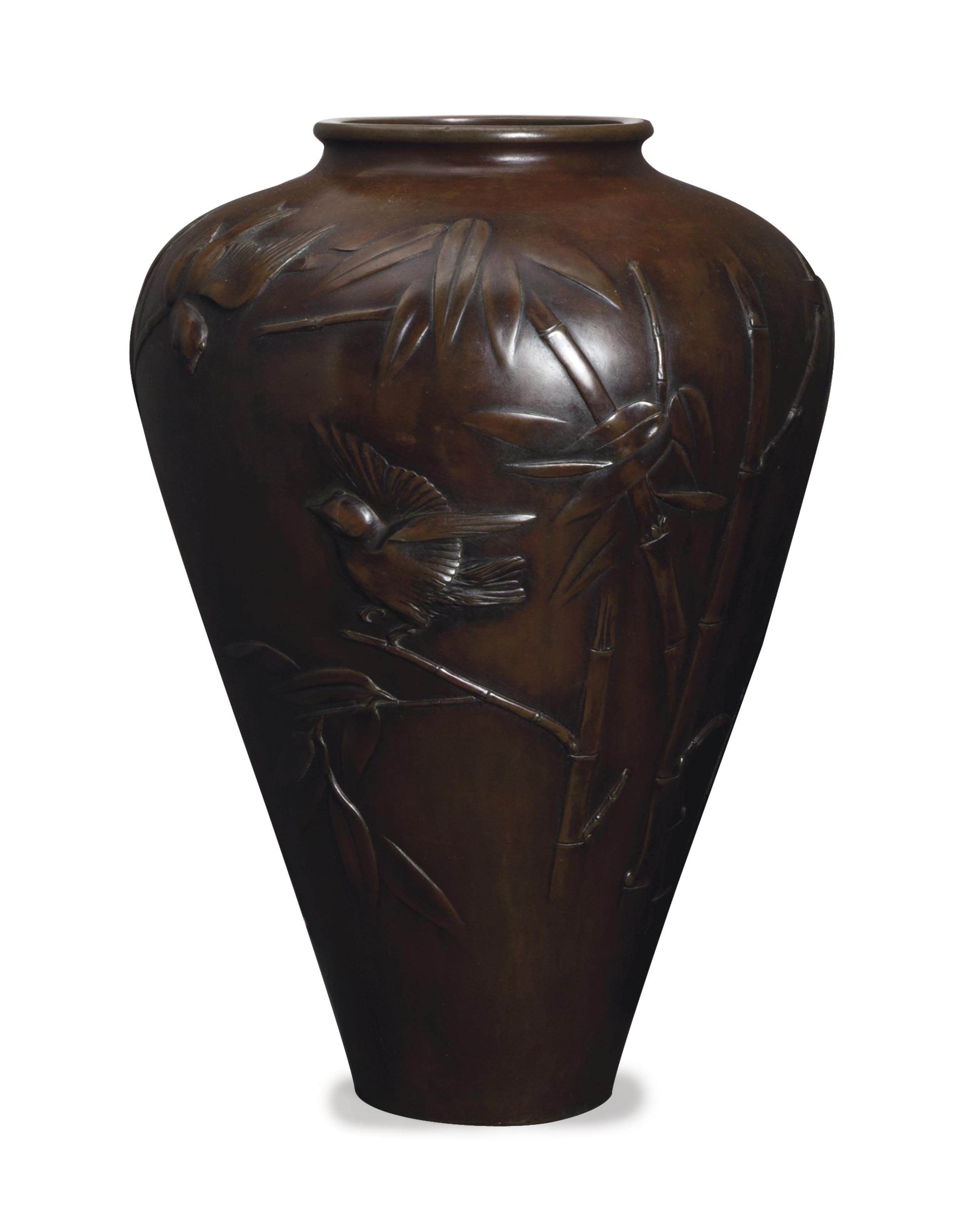 A LARGE JAPANESE BRONZE VASE MOLDED WITH BIRDS AMONGST BAMBOO, , 20TH