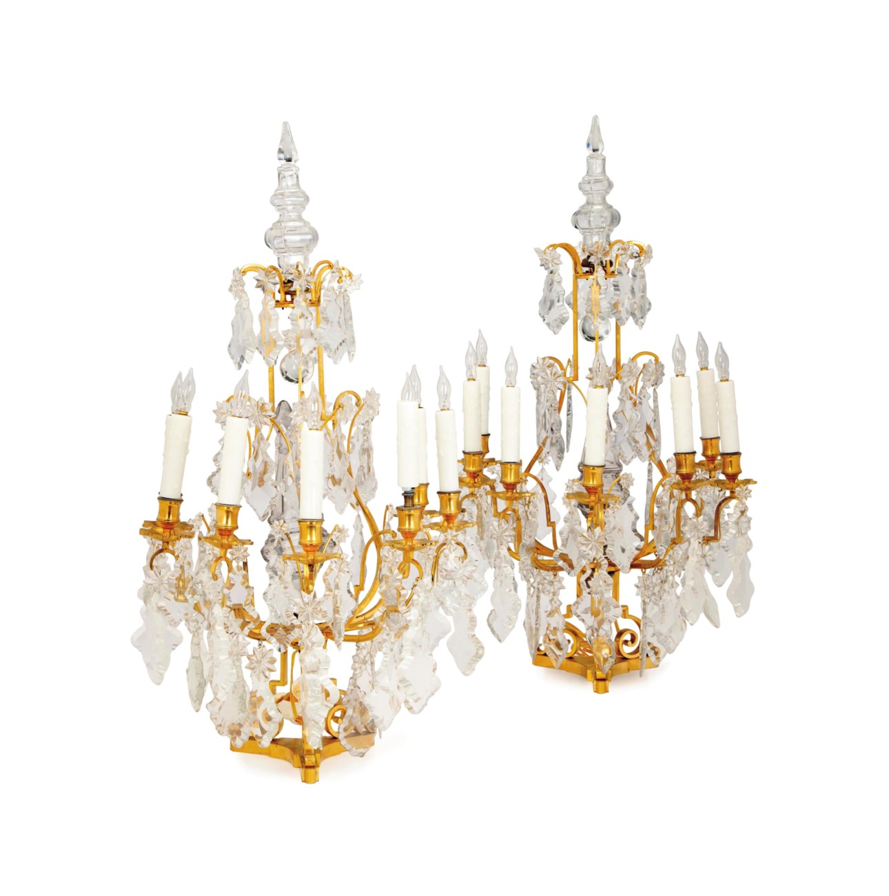 A PAIR OF GILTMETAL AND CUTGLASS SEVENLIGHT CANDELABRA,