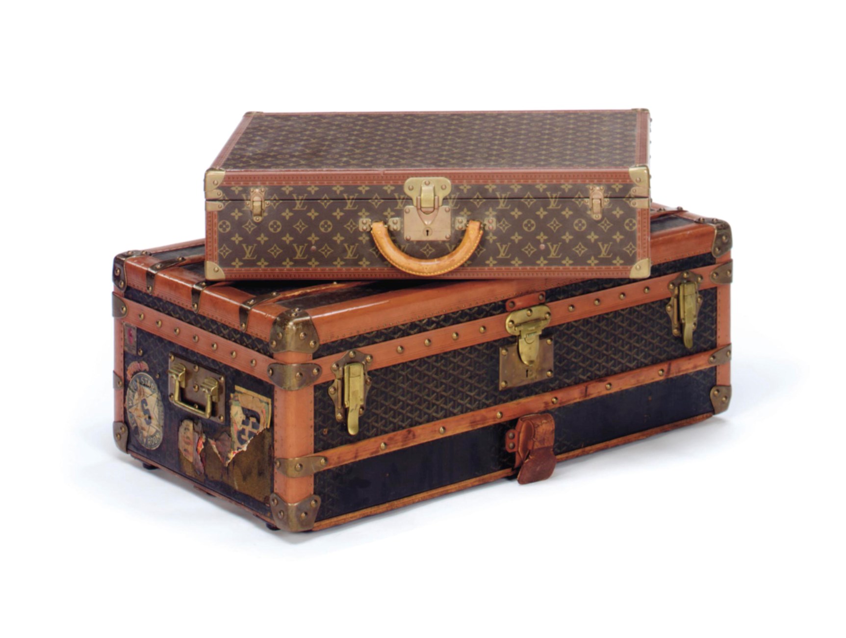 A GOYARD LEATHERBOUND PRINTEDCANVAS TRUNK, , FIRST HALF 20TH CENTURY