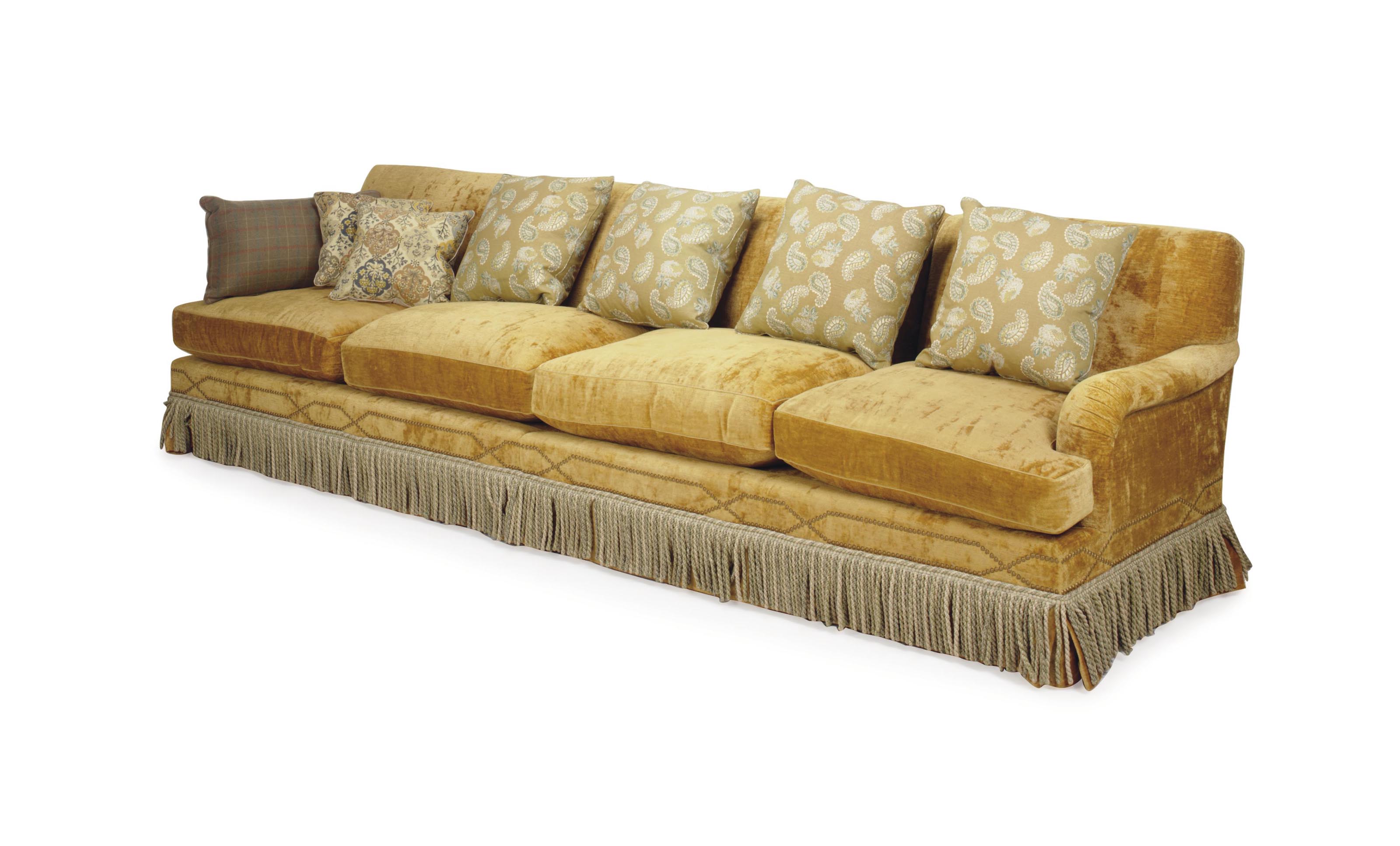 A CONTEMPORARY MUSTARD PLUSH VELVET FOUR-SEAT SOFA, , LATE 20TH CENTURY