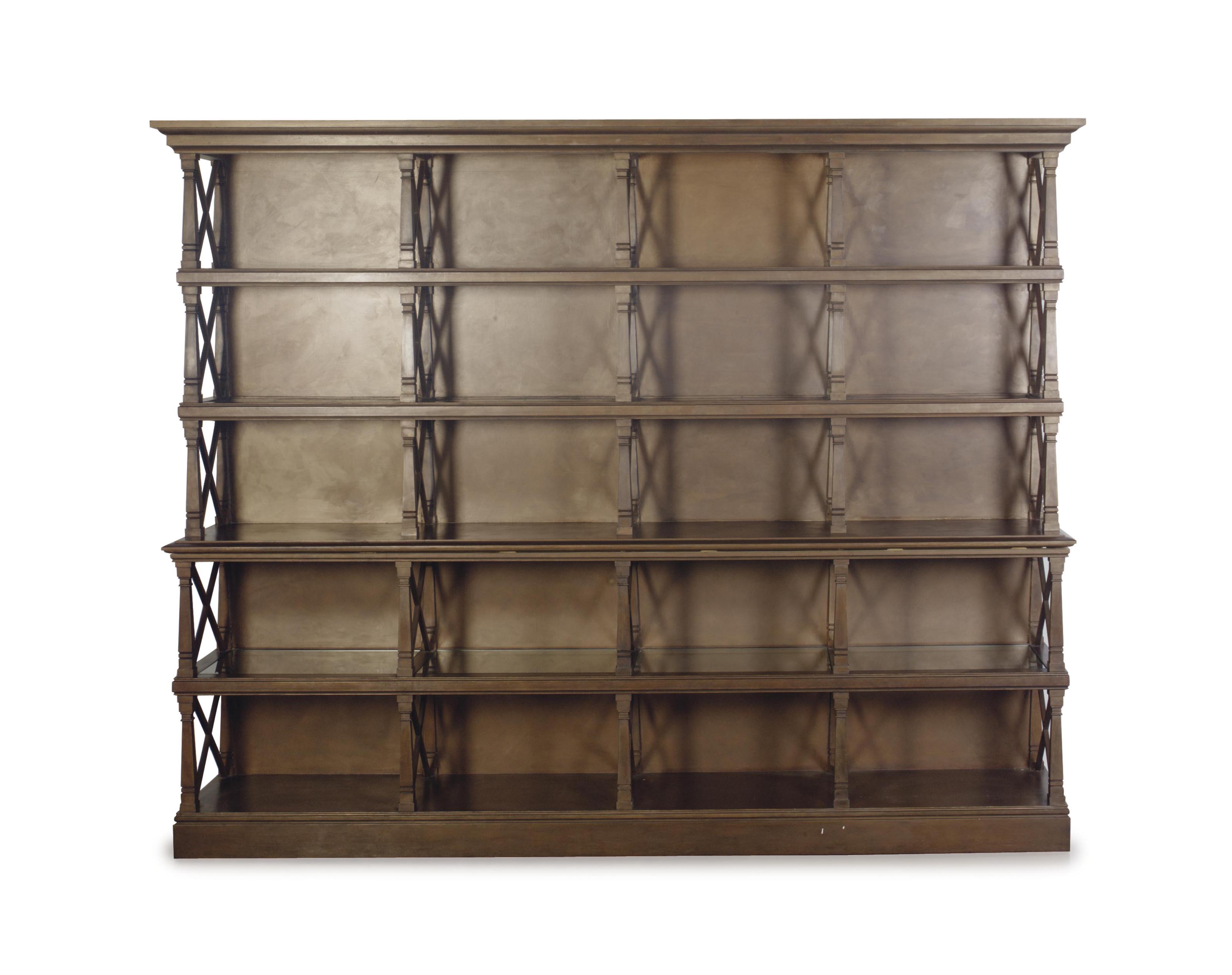 A CONTEMPORARY BRONZEPAINTED WOOD AND GLASS ETAGERE BOOKCASE, , LATE