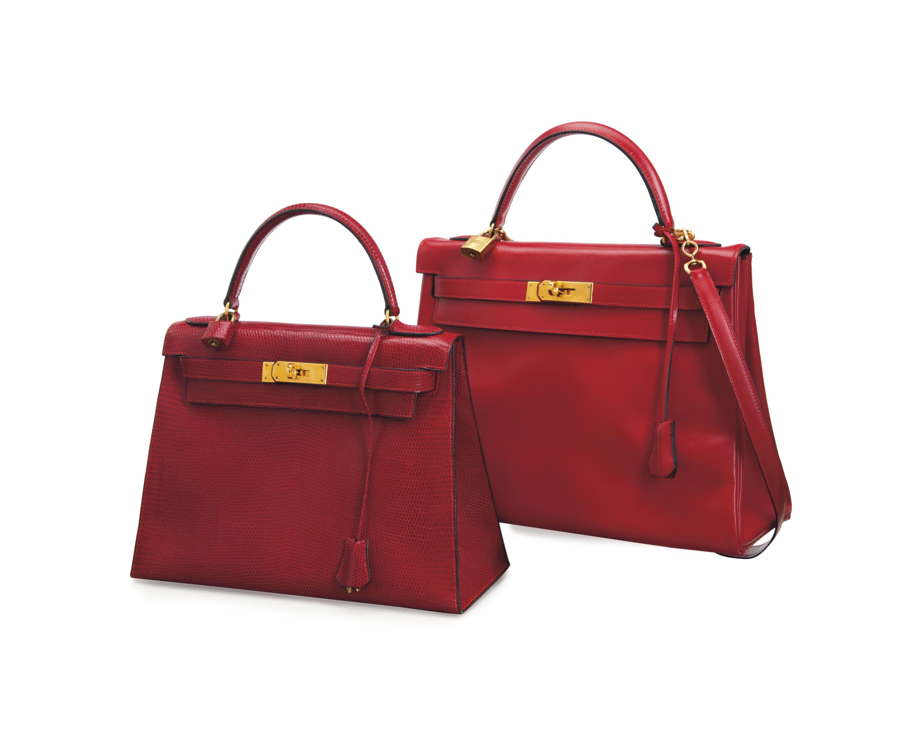 TWO RED 'KELLY' BAGS,
