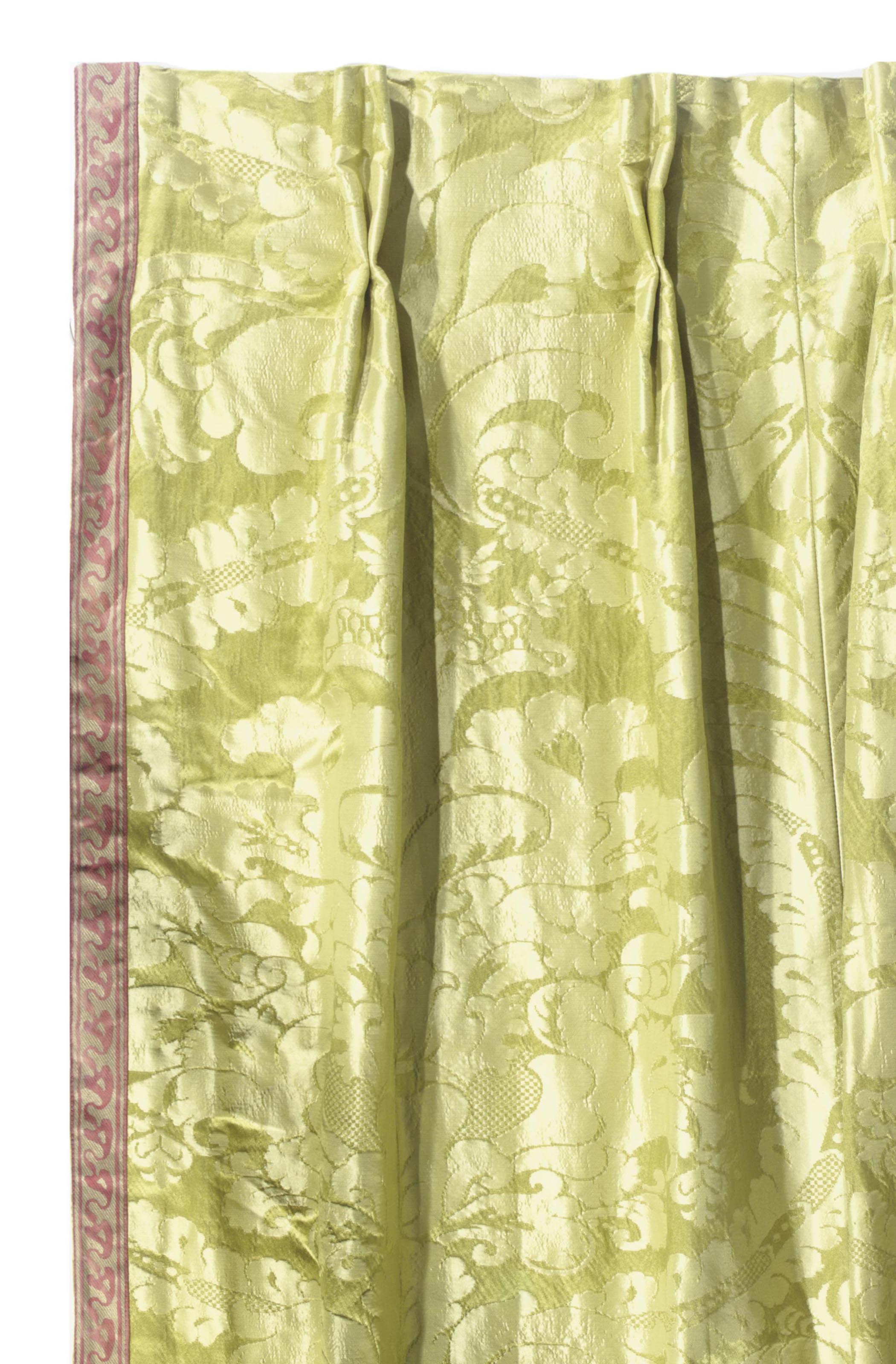 A PAIR OF LIMEGREEN SILK DAMASK CURTAIN PANELS, , LATE 20TH CENTURY