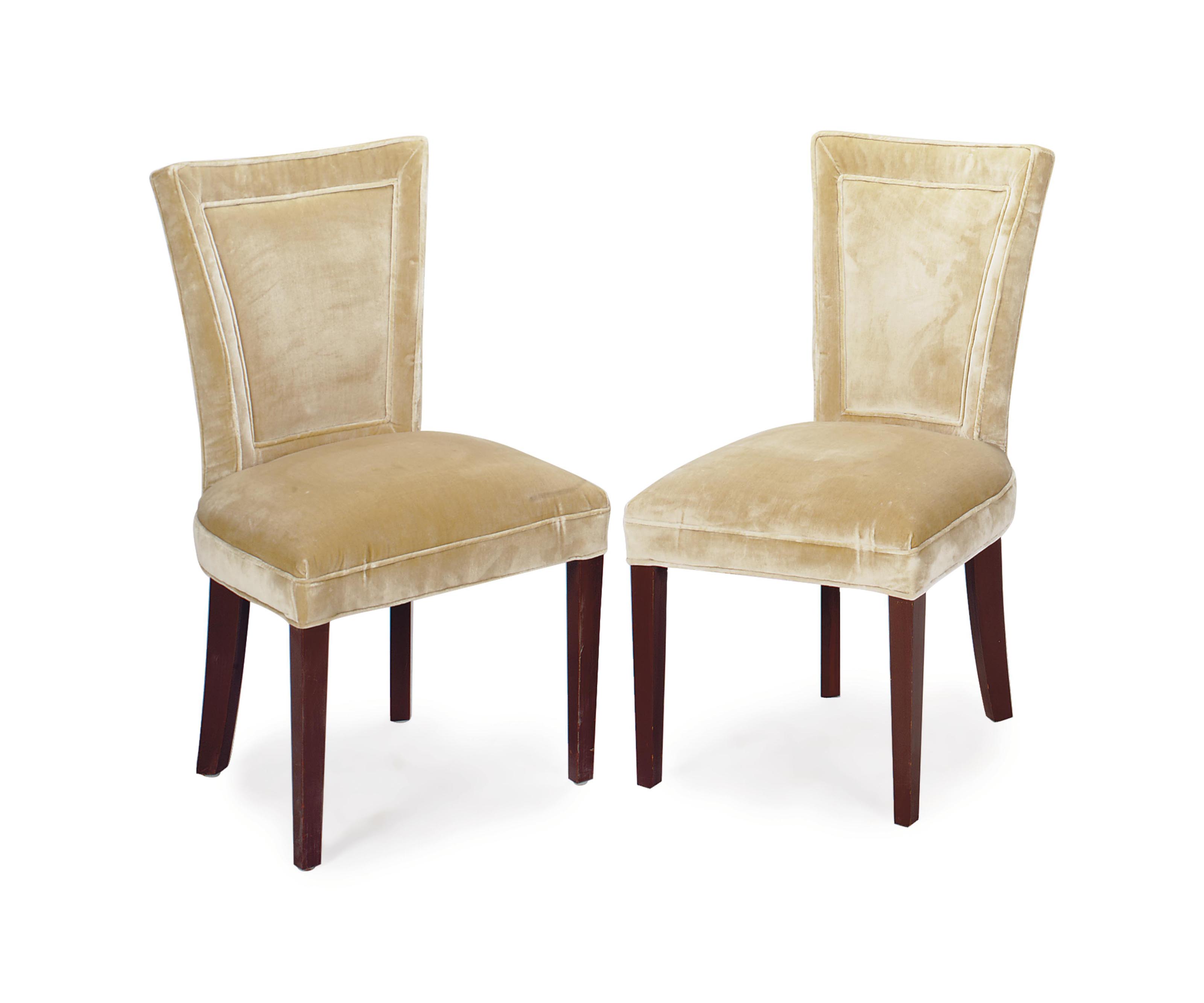 A SET OF SIX BROWN-PAINTED AND VELVET DINING CHAIRS ...