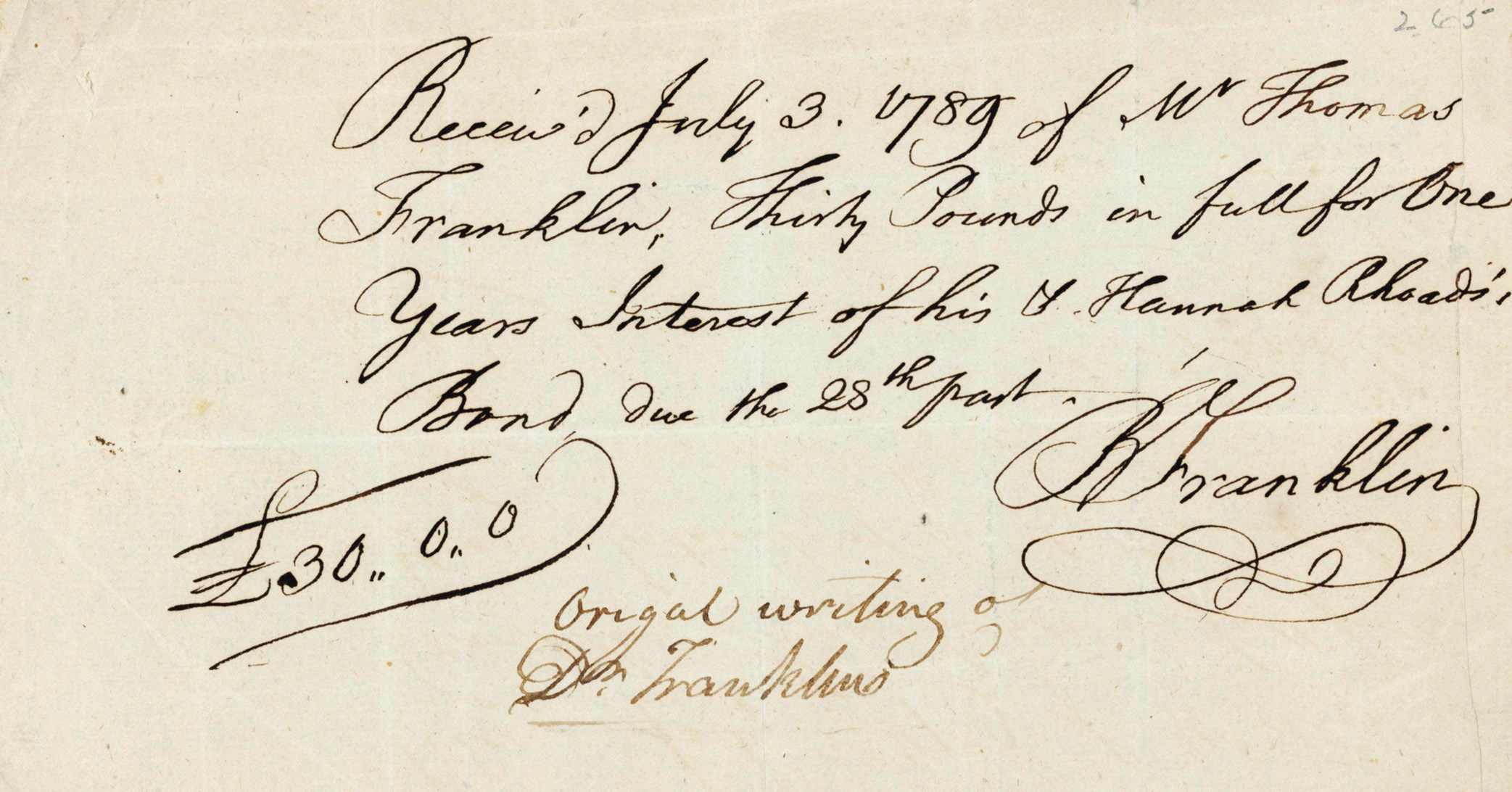 FRANKLIN, Benjamin. Autograph document signed (“B. Franklin