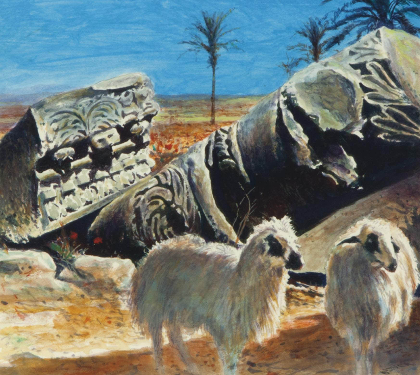 Kermit Oliver (AMERICAN, B. 1943) , A pair of sheep amongst ruins
