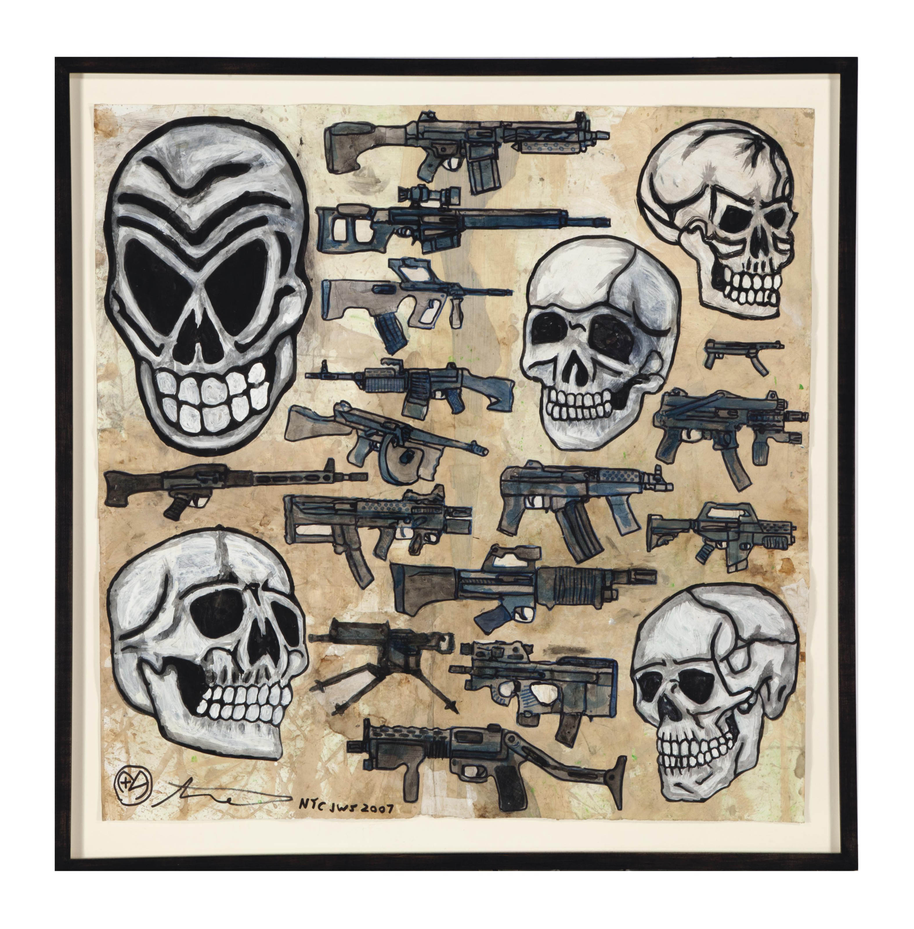 Alfredo Martinez (AMERICAN, b. 1967) , Untitled (Skulls and Guns