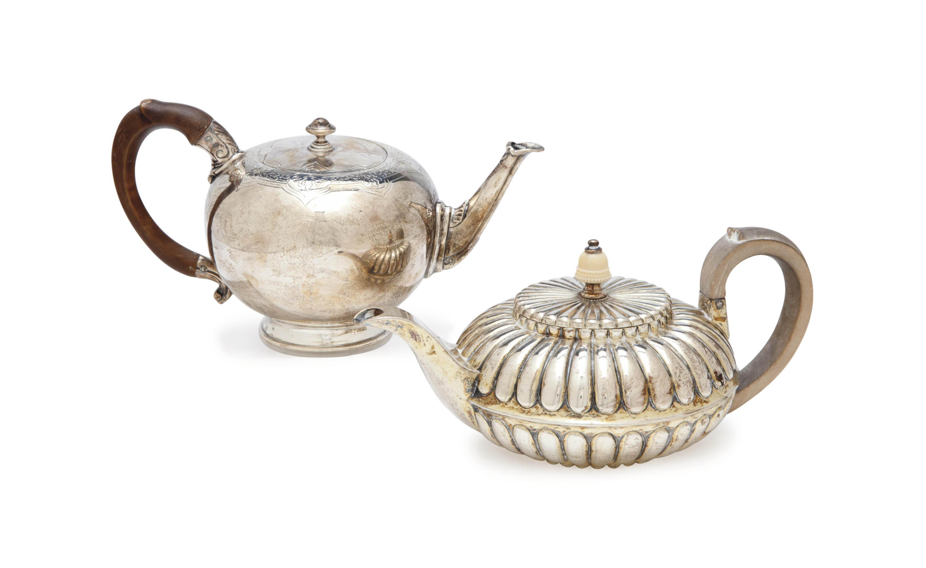 TWO SILVER TEAPOTS WITH HINGED COVERS, , THE BULLETFORM